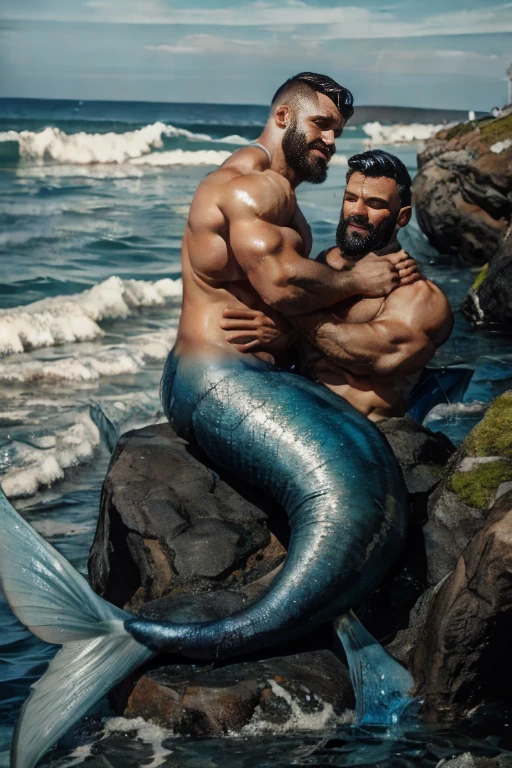  Muscular mermaid holding muscular mermaid,  they are two mermen with blue tail mermaids.  Both have long black hair and long black beards . They both have beautiful shiny muscles and wet bodies. high detail. Lying on a rock by the sea ,  there are rocks and big sea waves 