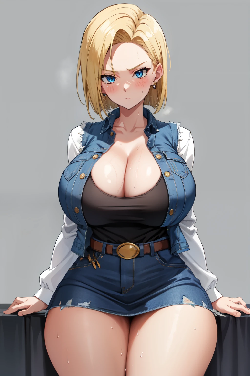 android 18, large breasts, belt, blue skirt, looking at viewer, denim, black shirt, short hair, sweat, solo, denim skirt, cleavage, skirt, blonde hair, thighs, blue eyes, shirt, vest, 1girl, earrings, blush, jacket, thick thighs, jewelry, long sleeves