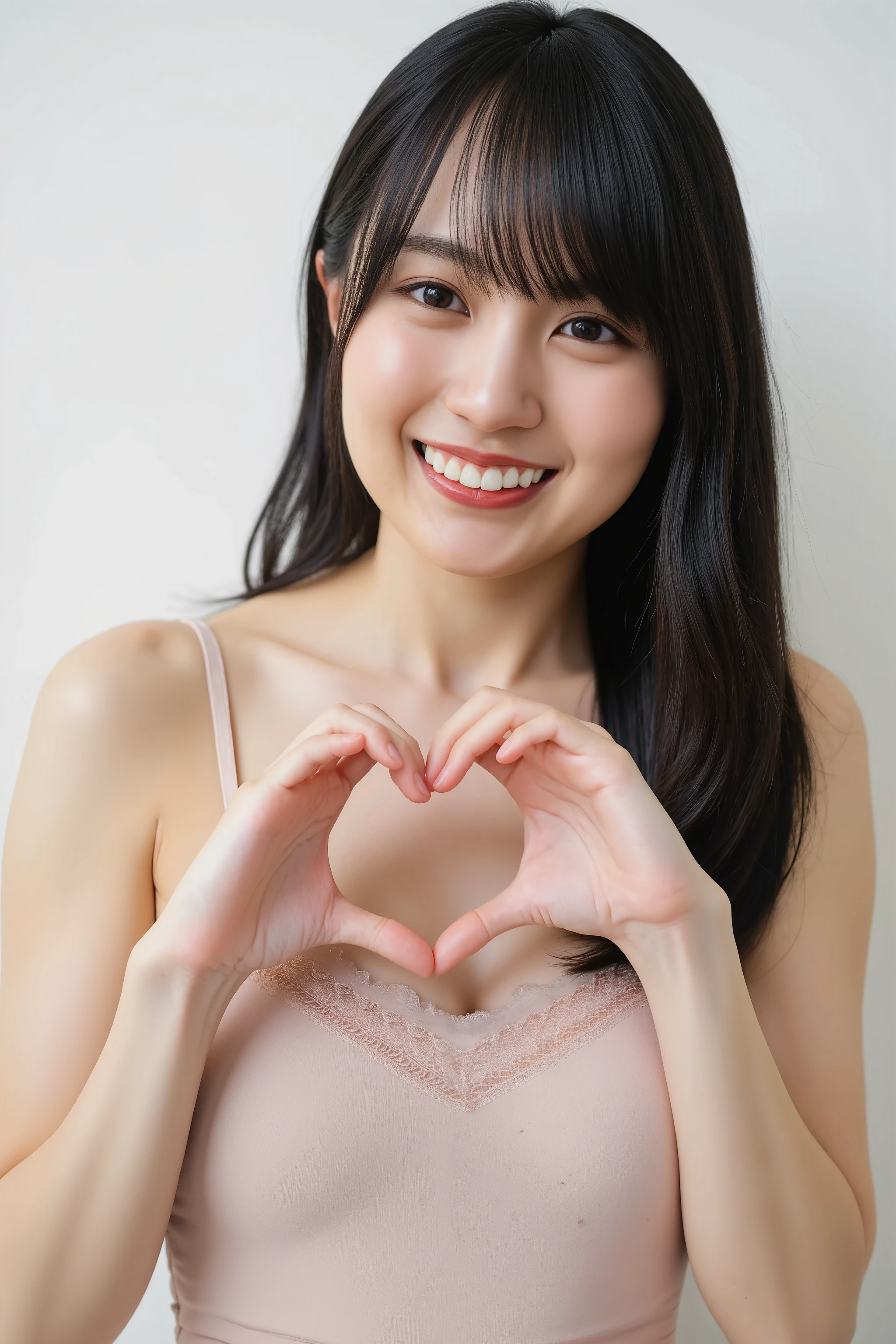 She is in a pose wearing a sexy camisole, making a firm big heart shape with both hands, and holding it in front of her chest, Close-up of a smiling face

