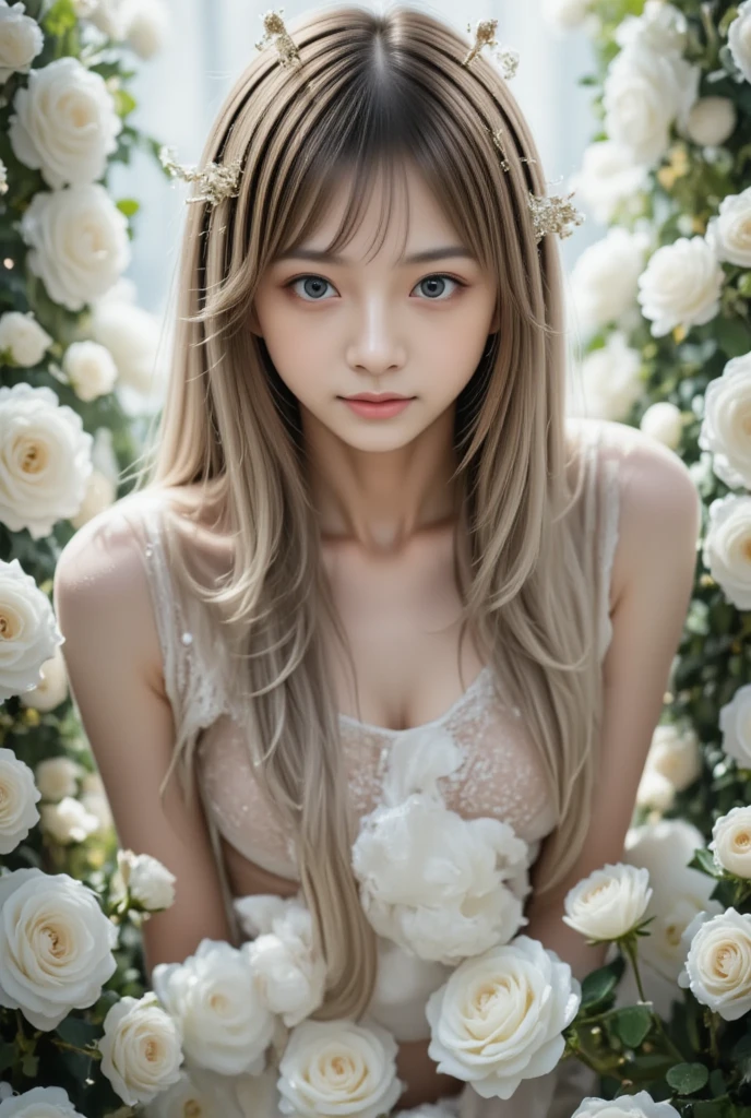 photo of Japanese girl, focus on the eyes, 1girl, long hair, light brown hair, slim body shape, high contrast, detailed eyes, detailed hair, Position your eyes closer to your nose, 20yo, smile, 

This is a highly detailed, animated digital artwork depicting a young woman with an ethereal, otherworldly appearance. She has long, flowing silvery-white hair adorned with intricate floral patterns and golden accents, which cascades down her back and shoulders. Her large, expressive blue eyes are framed by long, delicate eyelashes and she has a calm, melancholy expression. She is dressed in a thin white lacy garment, with a slender frame and a hint of small breasts.

The background is a vibrant garden of white flowers, richly textured and intricately detailed. White flowers surround her, creating a mysterious, fairy-like atmosphere. Glittering particles and rays of light emanate from her hair and flowers, adding to the magical atmosphere of the work.

The overall composition is very symmetrical, with the woman's face and body in the centre, surrounded by white floral elements. The image is rich in detail and colour, displaying the high realism and vibrancy characteristic of high-quality digital art.

