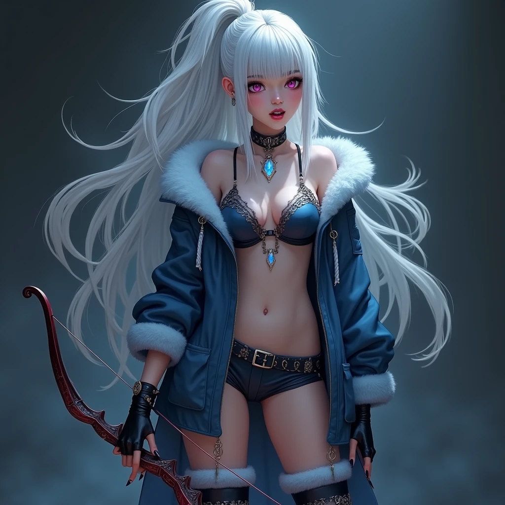 young woman. Vampire. fangs. white hair. pink eyes. High ponytail vede hairstyle. gloves. Shorts with fur. Boots with fur. Blue jacket with fur. Chokers with crystal around the neck. Bow in hand.