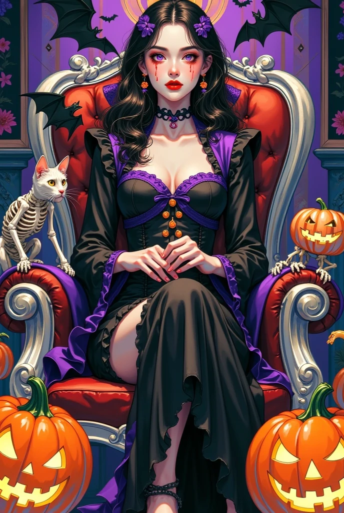 A female vampire was sitting on a chair with two fangs on both sides of her mouth and red blood on the right side of her mouth. She was holding a skeleton cat, with a black bat on her shoulder and two scary pumpkin lanterns on the ground. Halloween inspired, vintage style