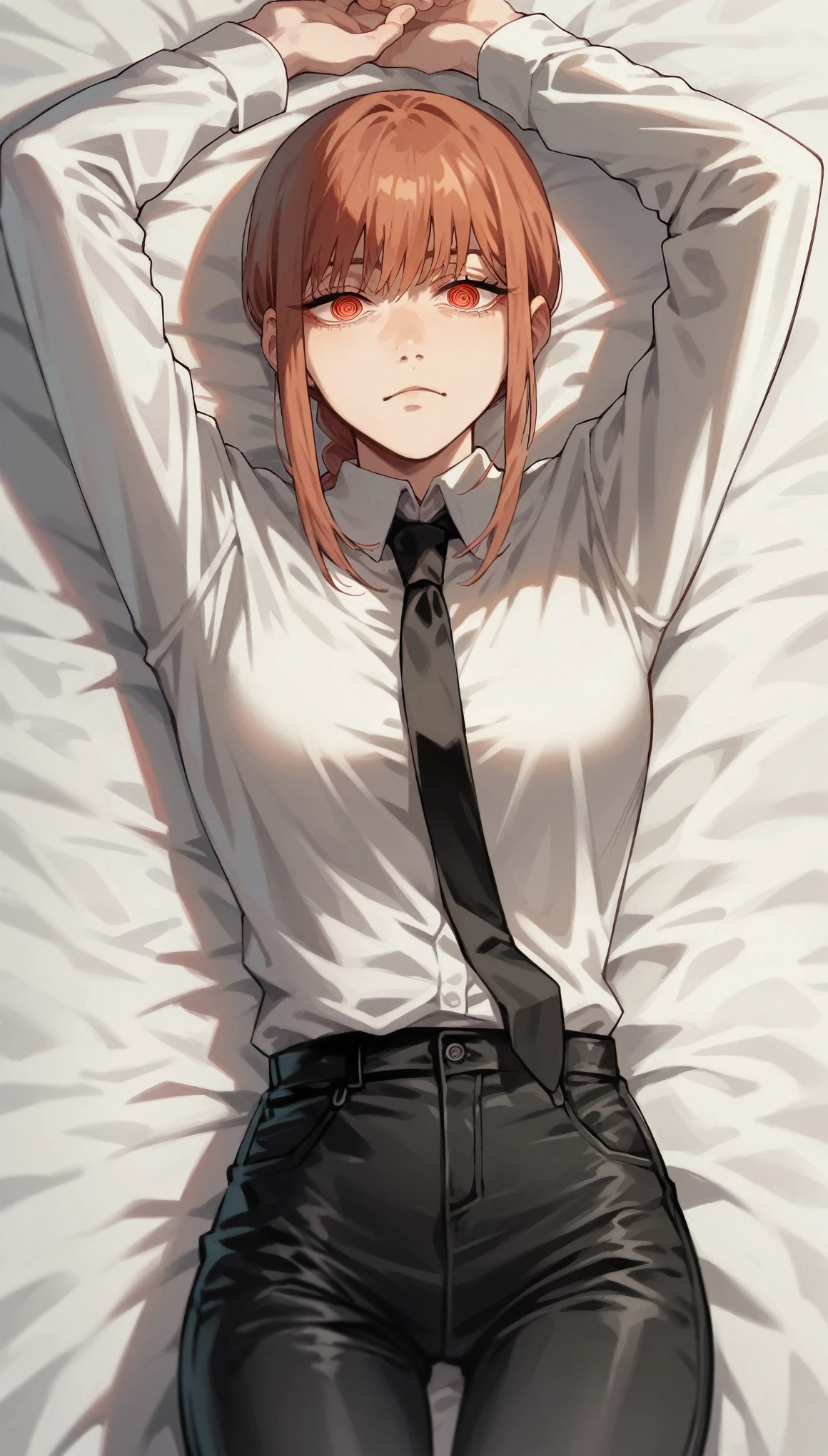 Makima, anime, Chainsaw Man, brown hair, white shirt, black tie, black leather pants, red eyes, turning around, mean face, bedroom bed lying on back, arms up