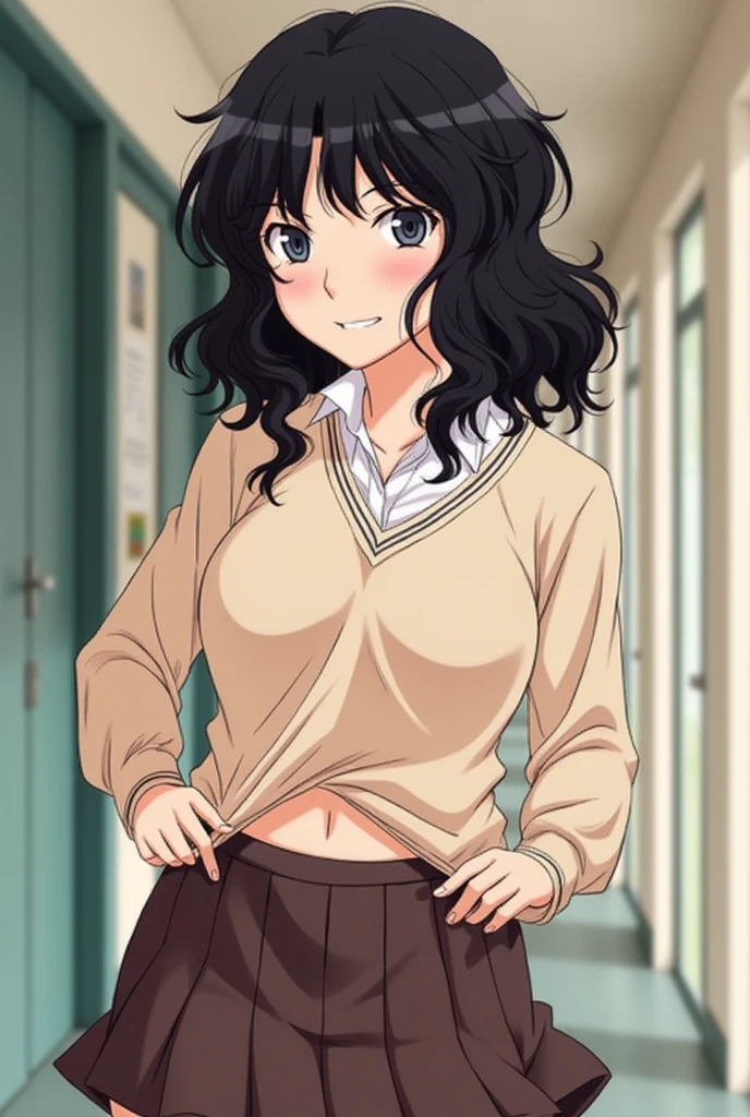 Kaoru Tanamachi(1:2),  super detailed face,  pay attention to the details with the hem of the clothes,  anatomically correct body ( beige knitwear style uniform:1.3), (Dark Brown Skirt:1.1), School corridor, Provoke by showing your stomach(1:10), Lift the hem of clothes(1:5), NSFW