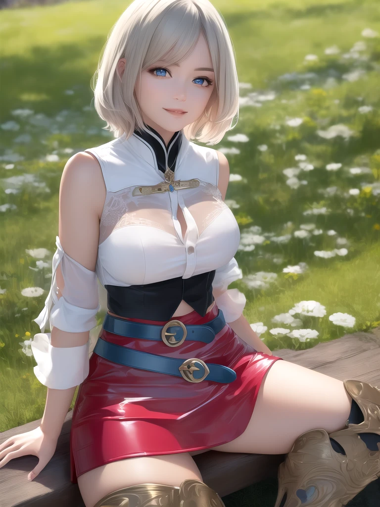 ultra sharp, ultra detailed hair, detailed beautiful face, masterpiece, best quality, absurdres, perfect anatomy, (1girl, solo), good anatomy, Ashelia, short hair, translucent AsheliaOutfit, miniskirt, thighhighs, jewelry, belt, standing, cowboy shot, smile, dynamic pose, dynamic angle, outdoors, plains, hills, dripping wet transparent clothes, (sitting, spreading legs by hands), spread crotch by hands, spread_pussy, (spreading pussy by hands)