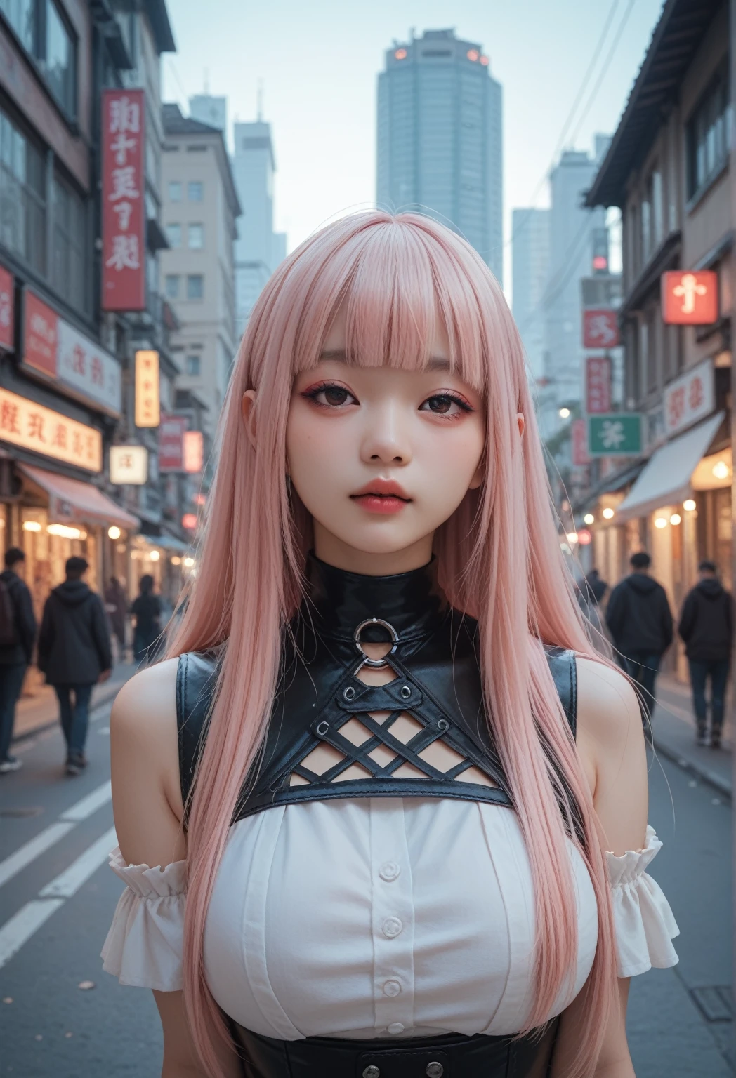 1 girl,asian,Gothic,light pink hair,blunt bangs,busty,city