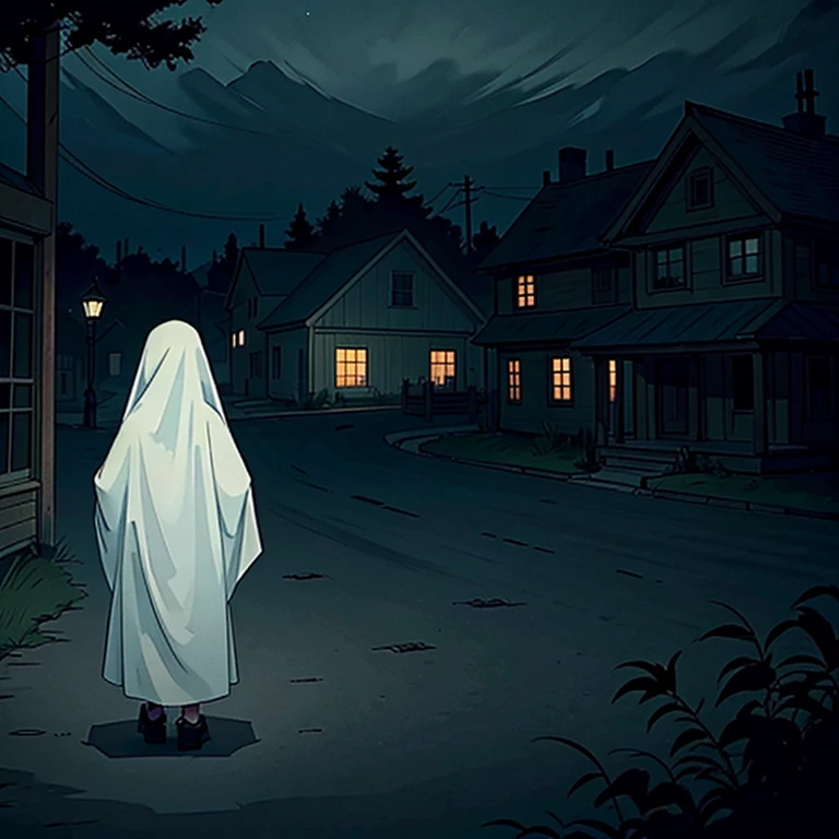 horror and ghost.
ghost wearing sheets.
Create a thriller atmosphere.
The background is a mysterious thriller town.
no legs tachi-e.
horror work.