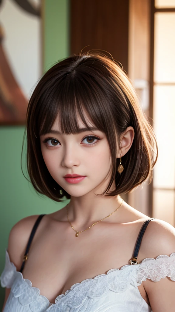  Ultra HD, high quality, Top quality,  super detailed, Realism, 8K,  original photo,  highest quality, masterpiece, Charming girl ,  Stunning Girl ,  brown hair , Stunning girl with layered shoulder length , Asymmetrical bangs, Japanese Idol,  exquisite, Stylish, Women&#39;s shirts,