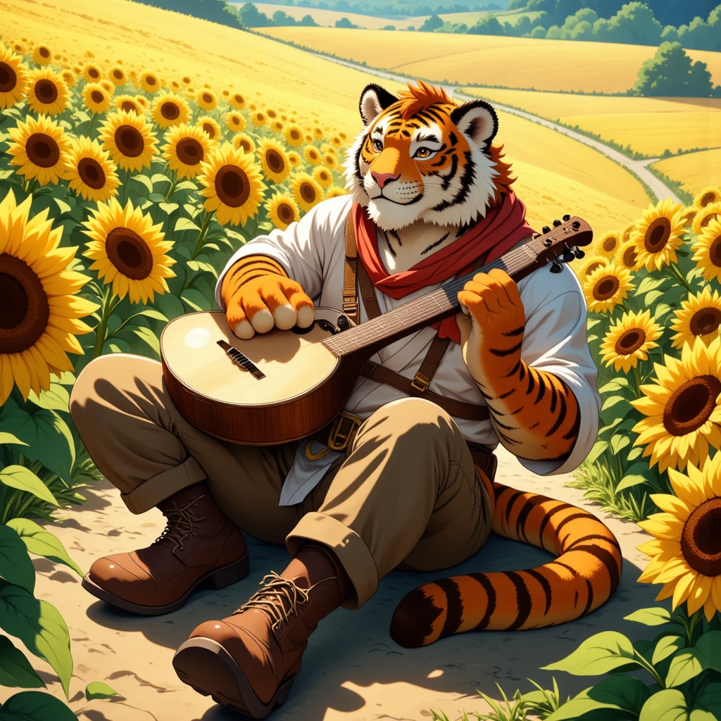 character focus, full body, looking away, dynamic angle, bard, middle-aged tiger man, happy, little smile, lute, costume clothes, shirt, pants, boots, sitting, musical performance, BREAK full body in Michelangelo Buonarroti style, housamo style, digital illustration anime, detailed landscape design, afternoon, path, sunflower field, outdoor, full color, HDR, BREAK complete anatomy, perfect proportions, beautiful thigh gap, fluffy body, intricate fur details, beautiful fur texture, BREAK a detailed tiger 1tail, detailed toe, 5toes, 5toes nails, detailed foot, detailed hands, 5fingers, 5fingers nails, BREAK aesthetic anime face, insanity detailed face, male face, big face, square jawline, aesthetic anime eyes, detailed brown eyes, detailed brown cornea, detailed dark brown irises, detailed pupils, male eyes, big eyes, male eyebrows, innocent look, beautiful beard, BREAK masterpiece, official art, best quality, very aesthetic, absurdres, super fine illustration, great quality, BREAK noise reduction, very highres, large filesize, high quality, 32K, 8k wallpaper, dynamic lighting, BREAK insanity detailed, ultra detailed, intricate details, extremely detailed, detailed texture, an extremely delicate and beautiful, BREAK e621 illustration, osukemo, kemohomo, anthropomorphic, furry, cartoon, harmonious, pastoral face, virtuous eyes, epic atmosphere