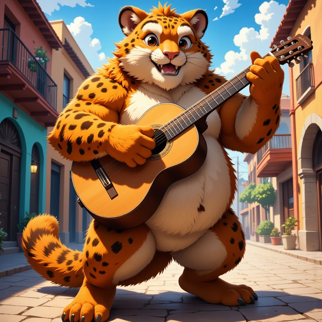 character focus, 1boy, full body, looking away, dynamic angle, a mariachi, middle-aged mexican jaguar man, happy, light smile, costume clothes, guitar, shirt, pants, standing, musical performance, dynamic pose, BREAK full body in Michelangelo Buonarroti style, housamo style, digital illustration anime, detailed painting landscape, mexican street, outdoor, full color, HDR, BREAK complete anatomy, perfect proportions, beautiful thigh gap, fluffy body, intricate fur details, beautiful fur texture, BREAK a detailed jaguar 1tail, detailed toe, 5toes, 5toes nails, beautiful foot, detailed hands, 5fingers, 5fingers nails, BREAK aesthetic anime face, insanity detailed face, male face, big face, square jawline, aesthetic anime eyes, detailed brown eyes, detailed brown cornea, detailed dark brown irises, detailed pupils, male eyes, big eyes, male eyebrows, innocent look, beautiful beard, BREAK masterpiece, official art, best quality, very aesthetic, absurdres, super fine illustration, great quality, BREAK noise reduction, very highres, large filesize, high quality, 32K, 8k wallpaper, dynamic lighting, BREAK insanity detailed, ultra detailed, intricate details, extremely detailed, detailed texture, an extremely delicate and beautiful, BREAK e621 illustration, osukemo, kemohomo, anthropomorphic, furry, cartoon, harmonious body, pastoral face, virtuous eyes, happy atmosphere