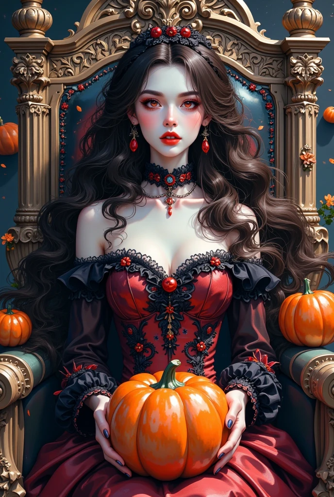   Closeup of a woman sitting on a throne holding a pumpkin,  Joe Jusko's Digital Art  ,  Artstation Contest Winner , Gothic art, beautiful Vampire Queen,  Halloween art style ,  漂亮的Vampire Queen , Terrible Queen of Death , Vampire Queen, gothic fantasy art, Stylish Dark Witch ,  Beautiful Witch Woman ,   Beautiful Elegant Queen of Demons , horror fantasy art,  Elegant Scary Artwork 