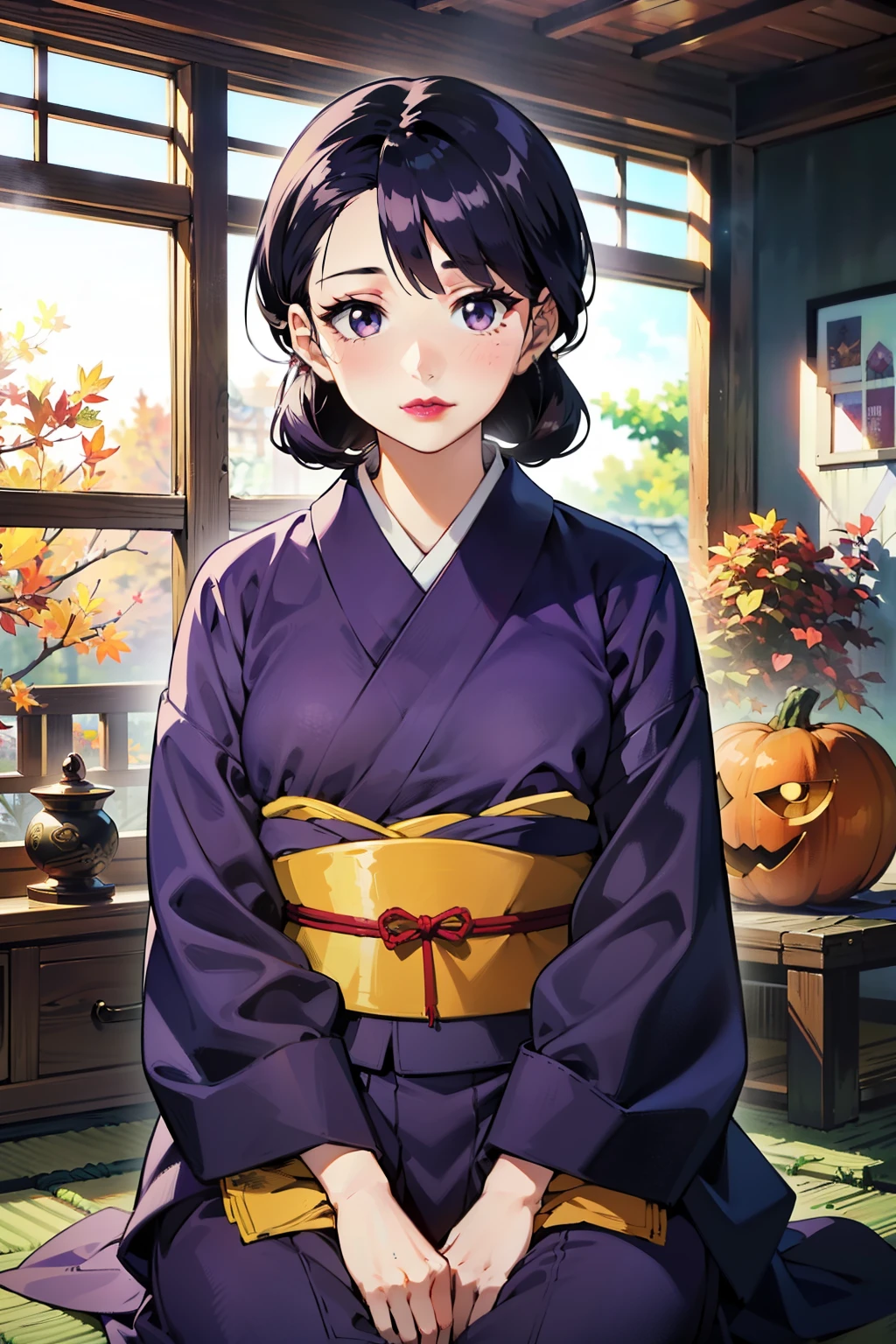 (masterpiece, Best Quality,   Unity 8k wallpaper ,   Kampala ), Zhou Haoguang,  1 adult woman, Alone, ( is amazing_beautiful_detailed hair face eyes nose mouth skin, slender:1.3), break ( Knight :1.7), In front of the window, Sitting attentively, in, purple_kimono,sash, Shoji screen, shrine, Japanese_Clothes, black_hair, hair_ good, lipstick, Manga, Age 30,   mature women,  Sit carefully on your long saggy chest,  stares at viewers，Autumn leaves， Halloween Decorations:1.2，