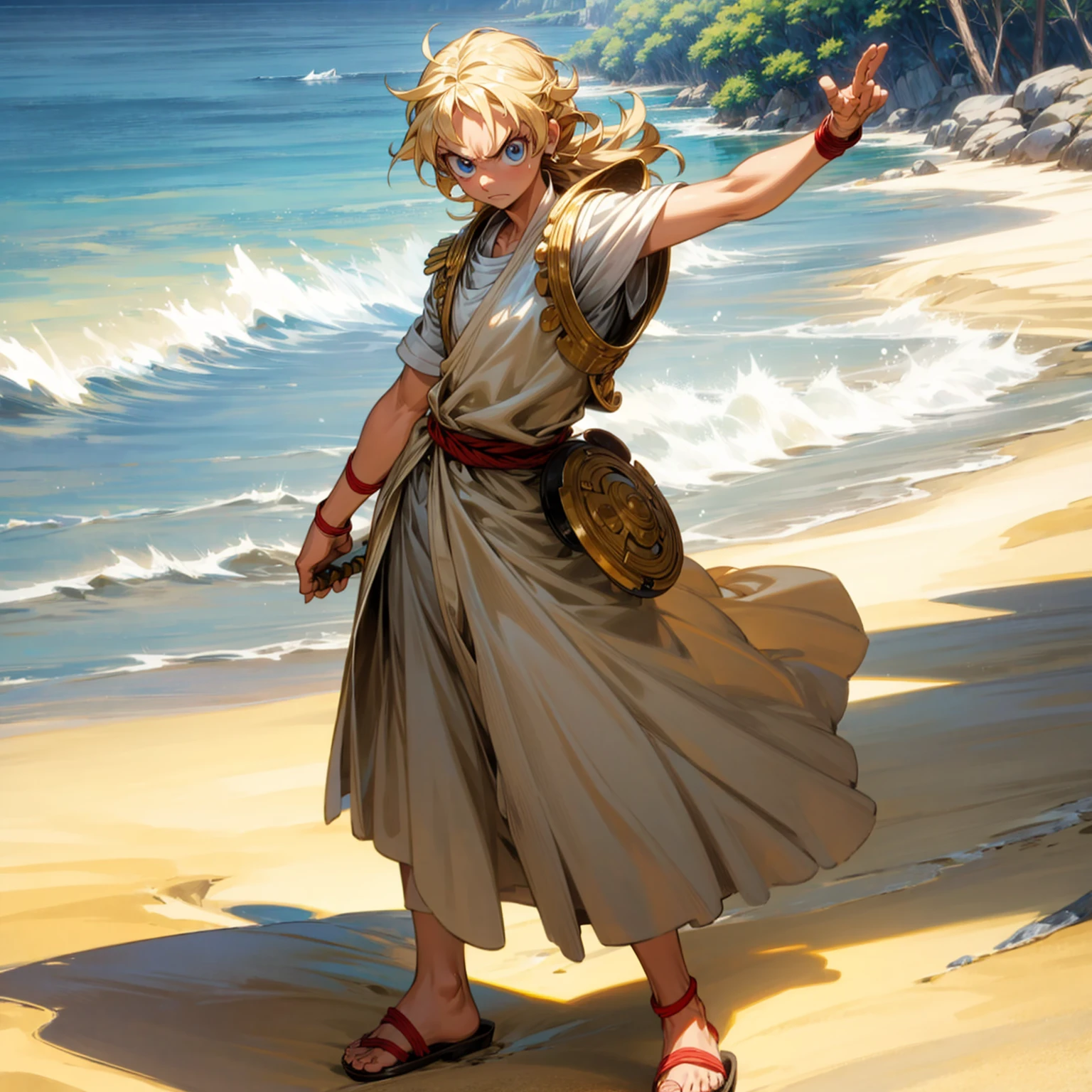 Solo character, , Full body version, blue eyes, big eyes, Tan skin, long Shaggy hairstyle, blonde colour hair, angry eyes, ancient Greek clothing, red colour clothing, ancient Greek sandals, sword in hand, armor vest, beach, island, outdoor, morning, standing gesture, detailed hair, detailed clothing, detailed background, (one piece style art, Doraemon style art)