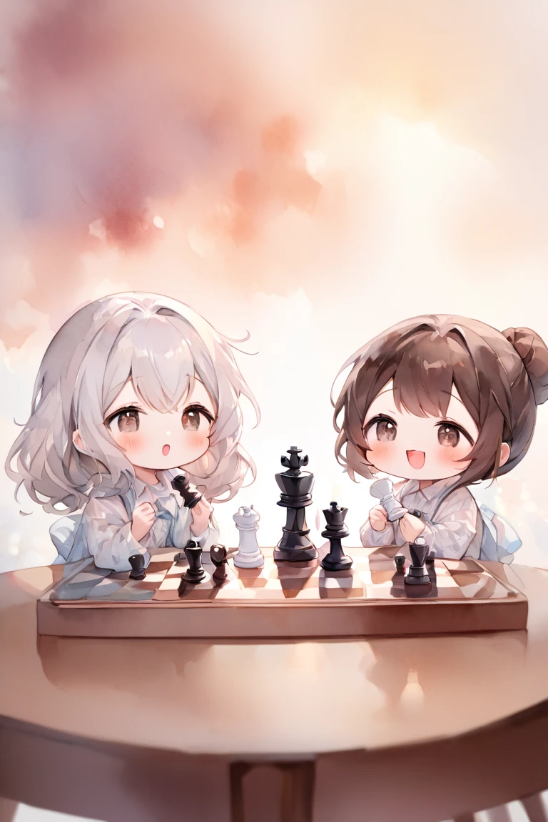 (masterpiece, best quality, hyper detailed:1.2), Thin line drawing, cute, (watercolor:1.2), dreamy and hazy atmosphere,
chess pieces made of chocolate on the table, girls are sitting around the table,
2girls, chibi, fair skin, eating chess pieces, happy, laughing,