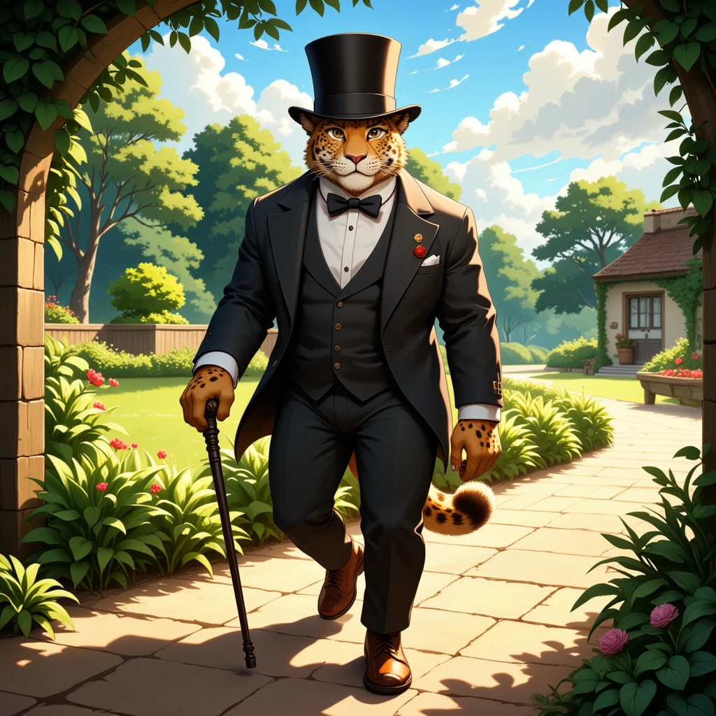 character focus, full body, looking away, dynamic angle, gentleman, middle-aged british jaguar man, elegant, little smile, gentleman suit, silk hat, stylish walking stick, strolling, elegant pose, BREAK BREAK full body in Michelangelo Buonarroti style, housamo style, digital illustration anime, detailed landscape design, afternoon, elegant english garden, path, full color, HDR, BREAK complete anatomy, perfect proportions, beautiful thigh gap, fluffy body, intricate fur details, beautiful fur texture, BREAK a detailed jaguar 1tail, detailed boots, detailed foot, detailed hands, 5fingers, 5fingers nails, BREAK aesthetic anime face, insanity detailed face, male face, big face, square jawline, aesthetic anime eyes, detailed brown eyes, detailed brown cornea, detailed dark brown irises, detailed pupils, male eyes, big eyes, male eyebrows, innocent look, beautiful beard, BREAK masterpiece, official art, best quality, very aesthetic, absurdres, super fine illustration, great quality, BREAK noise reduction, very highres, large filesize, high quality, 32K, 8k wallpaper, dynamic lighting, BREAK insanity detailed, ultra detailed, intricate details, extremely detailed, detailed texture, an extremely delicate and beautiful, BREAK e621 illustration, osukemo, kemohomo, anthropomorphic, furry, cartoon, harmonious, pastoral face, virtuous eyes, gentle atmosphere