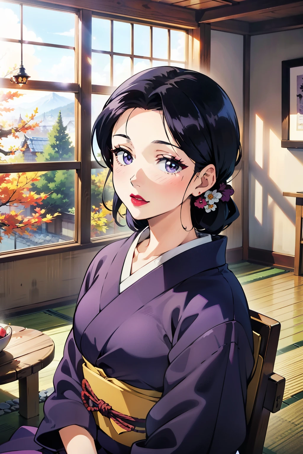 (Masterpiece, Best Quality, Unity 8k wallpaper ,  Kampala )，Zhou Haoguang， 1 adult woman，Alone，Mature Woman，( is amazing_beautiful_detailed hair face eyes nose mouth skin, slender:1.3)，break ( Knight :1.7)，In front of the window，Sitting attentively，in, purple_kimono,sash，Shoji screen，shrine, Japanese_Clothes, black_hair, hair_ good, lipstick, Manga，Age 30， mature women，Sit carefully on your long saggy chest， stares at viewers，Autumn leaves， Halloween Decorations:1.2，