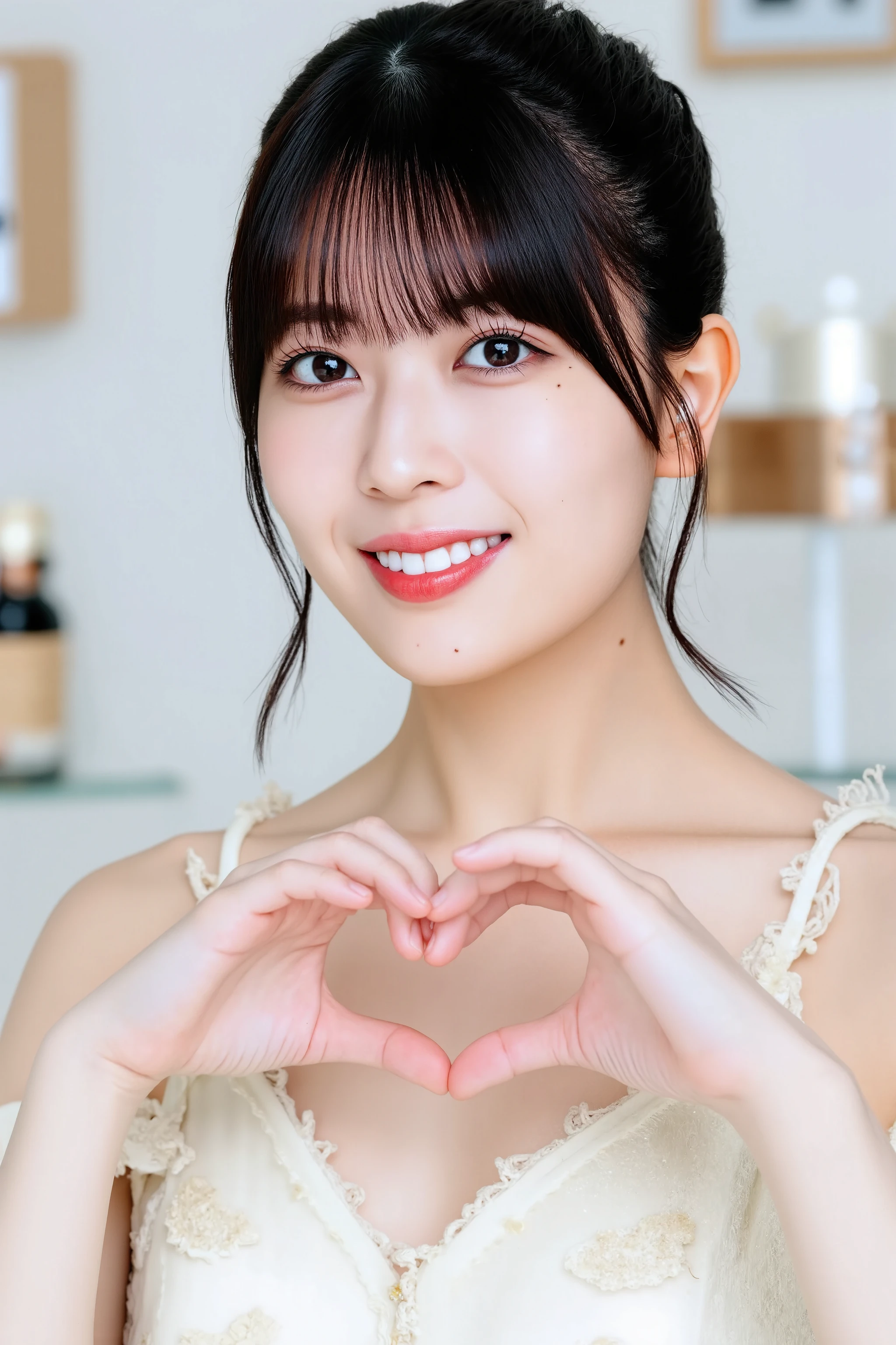She is in a pose wearing a sexy camisole, making a firm big heart shape with both hands, and holding it in front of her chest, Close-up of a smiling face