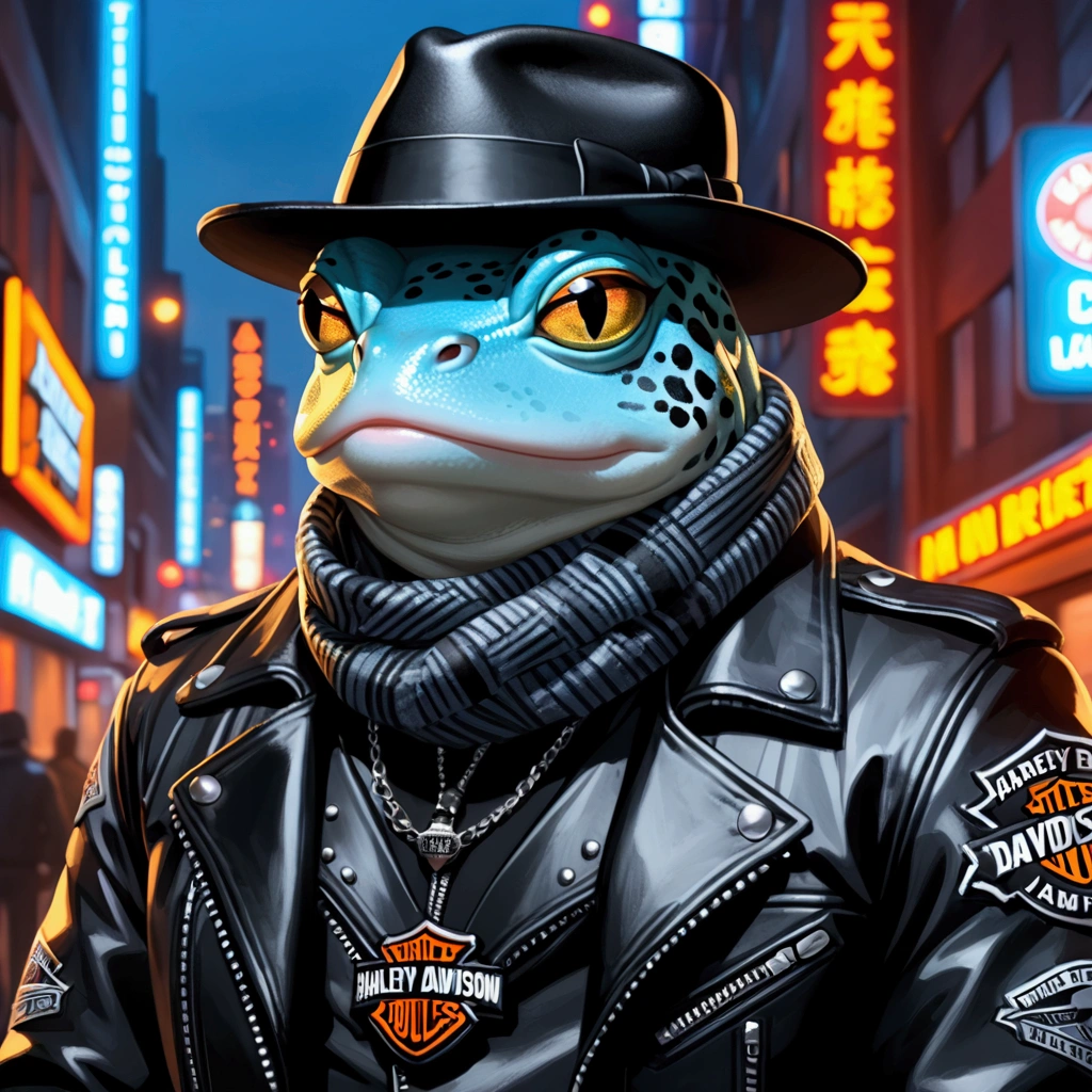 Closeup, An extremely badass light blue and white bullfrog wearing an insanely cool black leather Harley Davidson biker jacket open, black fedora, warm scarf, standing in a neon cityscape background, good looking