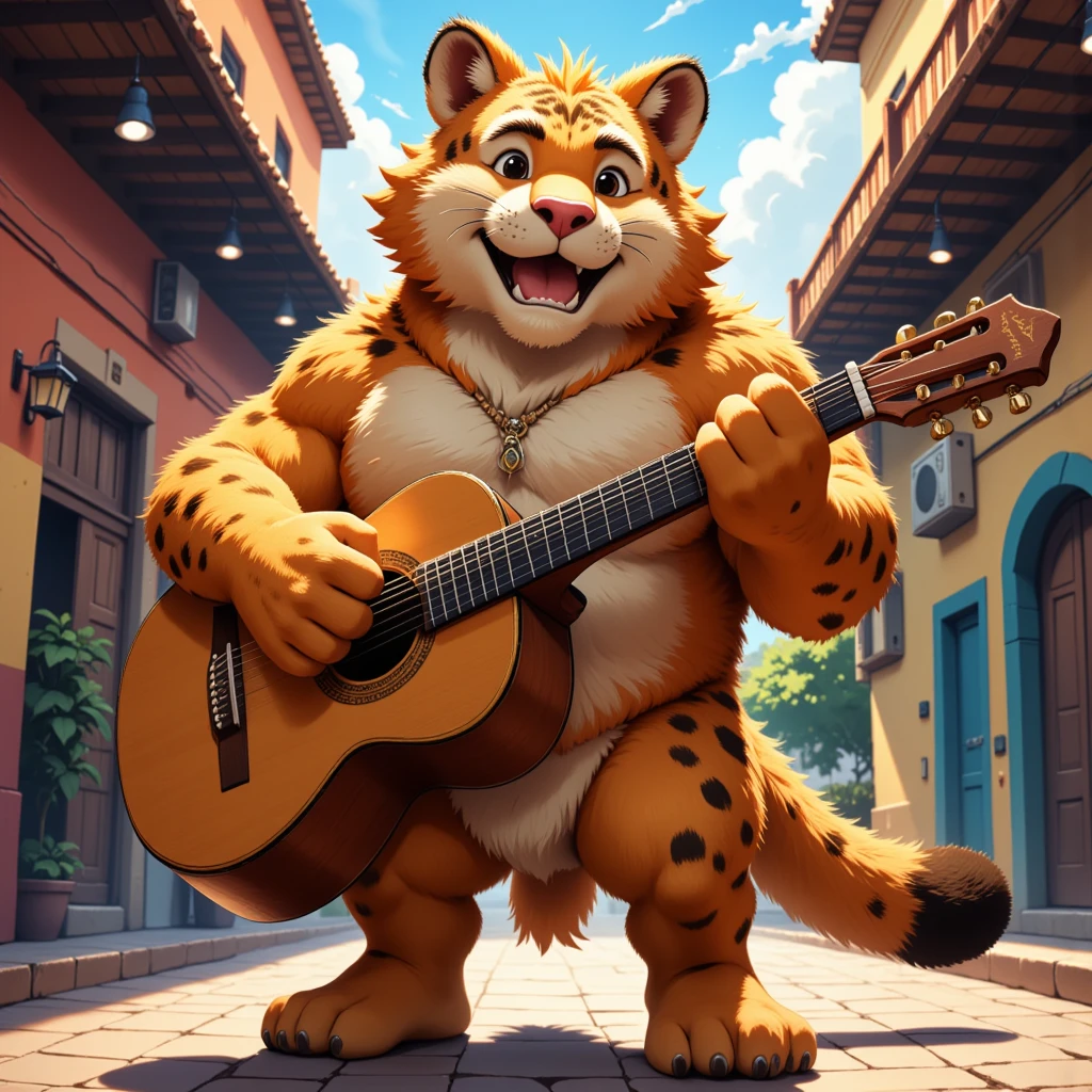 character focus, 1boy, full body, looking away, dynamic angle, a mariachi, middle-aged mexican jaguar man, happy, light smile, costume clothes, guitar, shirt, pants, standing, musical performance, dynamic pose, BREAK full body in Michelangelo Buonarroti style, housamo style, digital illustration anime, detailed painting landscape, mexican street, outdoor, full color, HDR, BREAK complete anatomy, perfect proportions, beautiful thigh gap, fluffy body, intricate fur details, beautiful fur texture, BREAK a detailed jaguar 1tail, detailed toe, 5toes, 5toes nails, beautiful foot, detailed hands, 5fingers, 5fingers nails, BREAK aesthetic anime face, insanity detailed face, male face, big face, square jawline, aesthetic anime eyes, detailed brown eyes, detailed brown cornea, detailed dark brown irises, detailed pupils, male eyes, big eyes, male eyebrows, innocent look, beautiful beard, BREAK masterpiece, official art, best quality, very aesthetic, absurdres, super fine illustration, great quality, BREAK noise reduction, very highres, large filesize, high quality, 32K, 8k wallpaper, dynamic lighting, BREAK insanity detailed, ultra detailed, intricate details, extremely detailed, detailed texture, an extremely delicate and beautiful, BREAK e621 illustration, osukemo, kemohomo, anthropomorphic, furry, cartoon, harmonious body, pastoral face, virtuous eyes, happy atmosphere