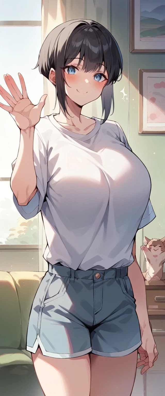 A young adult girl , age 22, dark blue eyes,   medium length hair cut by wolf , black hair, huge chest,  wearing a large shirt ,  wearing shorts ,  wide smile, Blush, a waving hand,  Apartment living room 