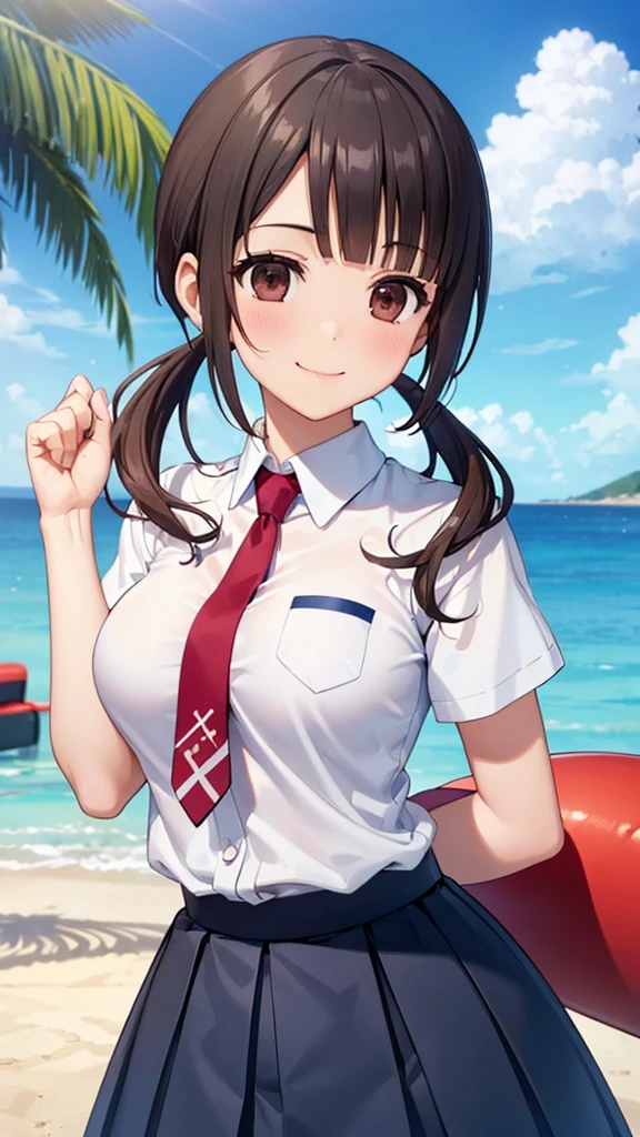 (16k, ultra high resolution,Best Quality,masterpiece, very detailed on playground equipment,Extremely clear CG),okitasawa, low twintails,white shirt, short sleeves, red necktie, blue skirt, anatomically correct body, very detailed on playground equipment顔の特徴, Beautiful and perfect face:, ((Open your mouth and say happy smile:1.3)),Summer beach in the evening,((upper body Shot:1.3)), looking at the camera , front angle where you reach your hands narrowly,Place your right hand on your chest,Sun shower