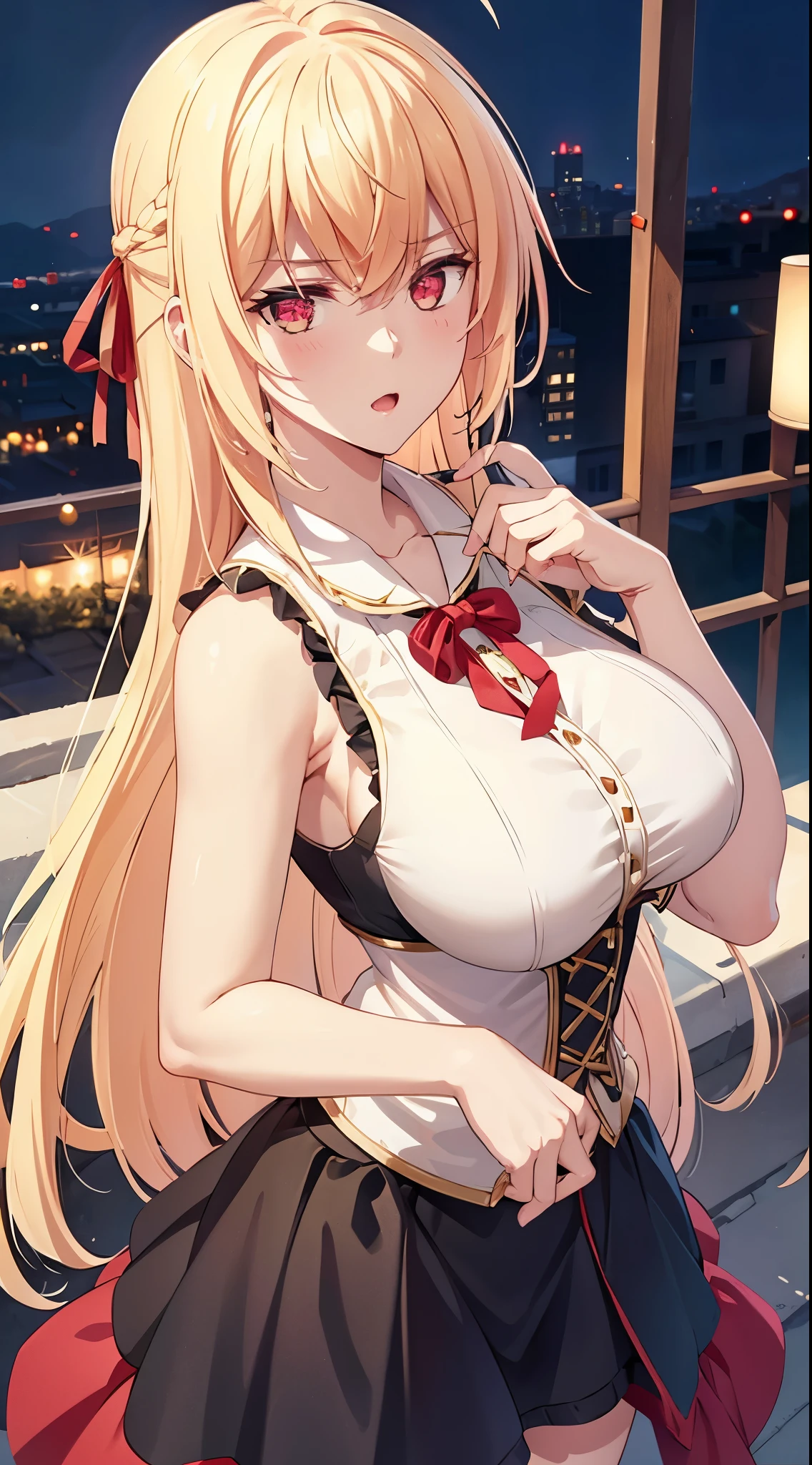 Masterpiece, best quality, highly detailed, highres, 8K, natural lighting, 1 girl, blonde hair, red ribbons in left side hair, ahoge, ruby eyes, huge breast, black sleeveless casual shirt, long black skirt, she wet, city background, detailed eyes, perfect eyes colors, full shot, detailed eyes, detailed finger shape, the number of fingers is not excessive