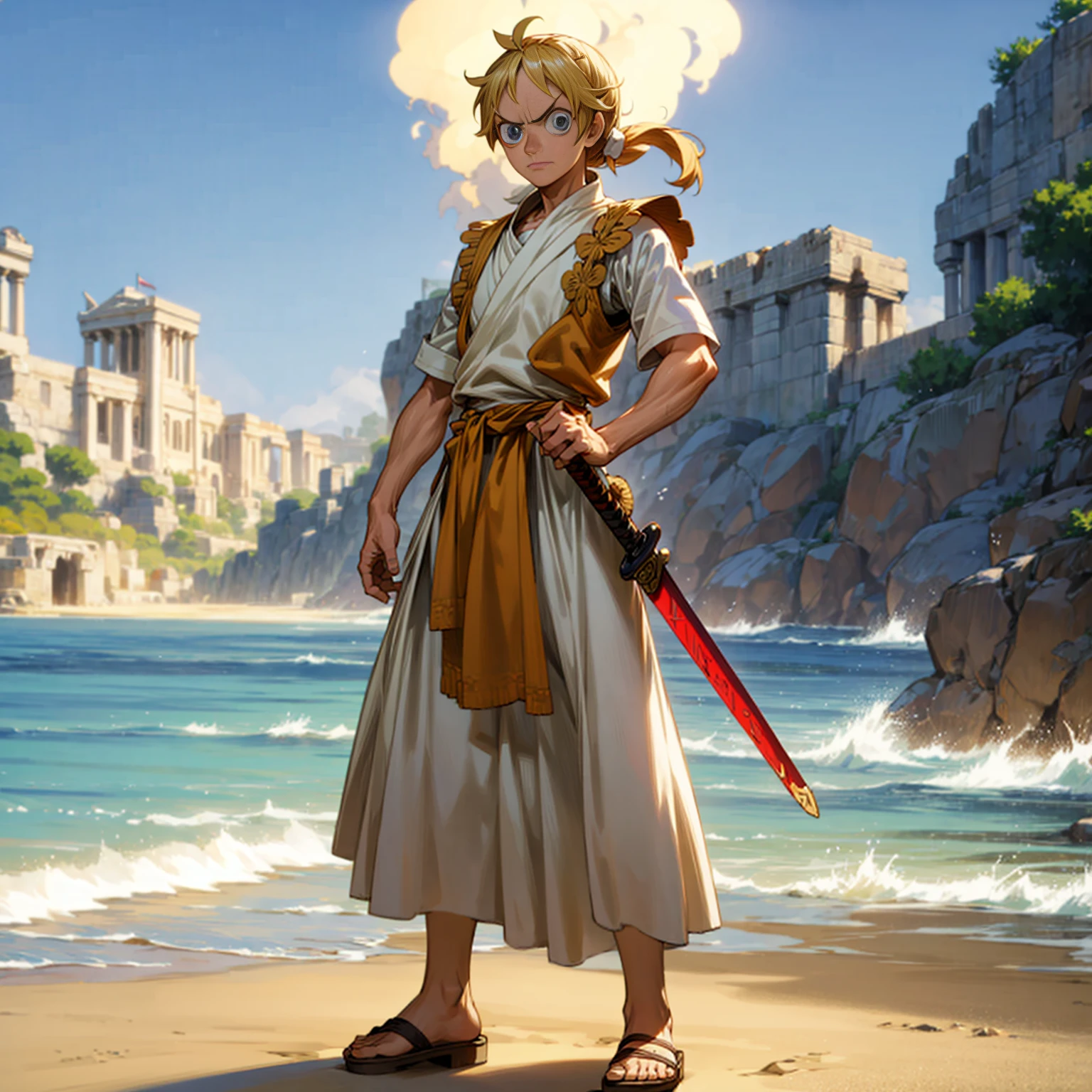 Solo character, straight man, muscle, Full body version, blue eyes, big eyes, Tan skin, long Shaggy hairstyle, blonde colour hair, ponytail, angry eyes, ancient Greek clothing, red colour clothing, ancient Greek sandals, sword in hand, armor vest, beach, island, outdoor, morning, standing gesture, detailed hair, detailed clothing, detailed background, (one piece style art, Doraemon style art)