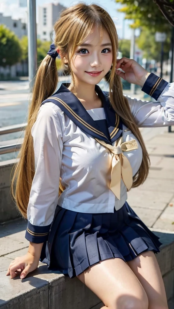  1 girl, Gal、 Japanese、( school uniform:1.3)、 navy blue uniform skirt 、8k、Best Quality、Super detailed、Realistic、Cinema Lighting 、85mm lens、 Professional Lighting、 dark tanned skin 、Gal風のメイク、cute、blonde、Blonde、smile、、 twin tails、Around town、Blonde、Blonde、 twin tails、 twin tails、Sailor suit、Blonde、Large Breasts