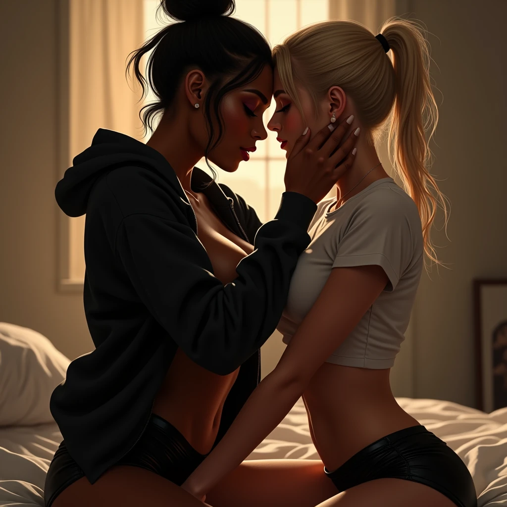 black woman in a bun black hoodie shiny black leather short shorts pockets in shock as a old grandma in a dress on her knees kissing her ass behind her hand is in her ass holding her ass backside view french kissing love making