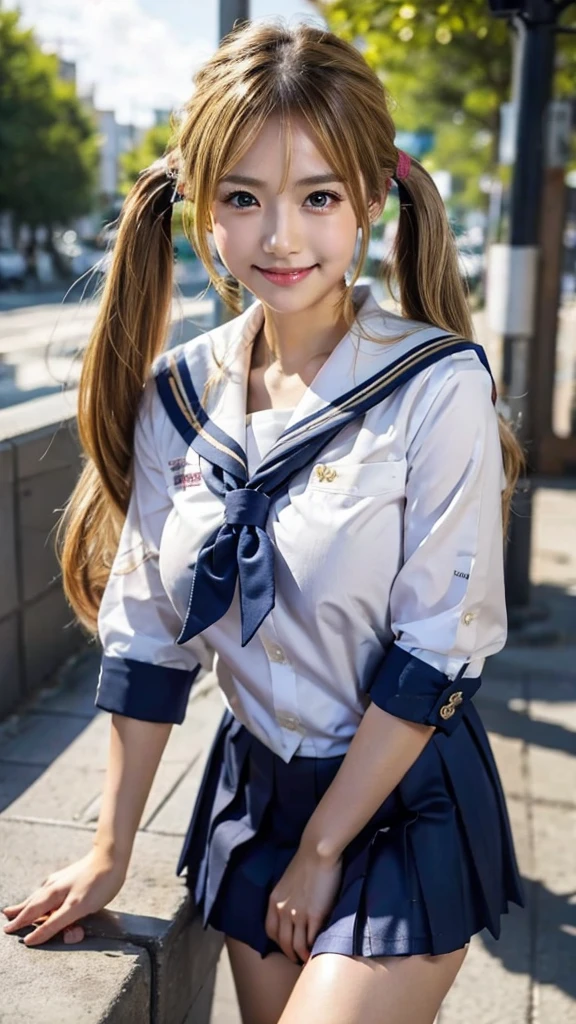  1 girl, Gal、 Japanese、( school uniform:1.3)、 navy blue uniform skirt 、8k、Best Quality、Super detailed、Realistic、Cinema Lighting 、85mm lens、 Professional Lighting、 dark tanned skin 、Gal風のメイク、cute、blonde、Blonde、smile、、 twin tails、Around town、Blonde、Blonde、 twin tails、 twin tails、Sailor suit、Blonde、Large Breasts