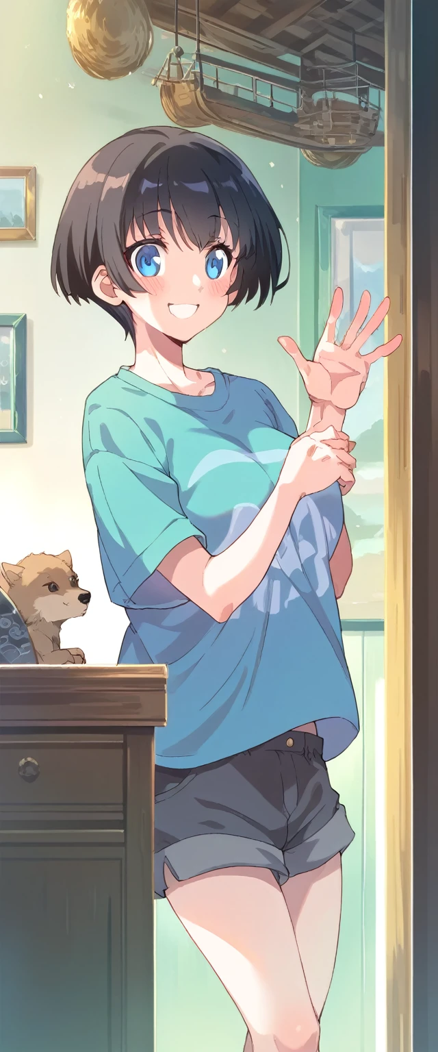 A young adult girl , age 22, dark blue eyes,   medium length hair cut by wolf , black hair, huge chest,  wearing a large shirt ,  wearing shorts ,  wide smile, Blush, a waving hand,  Apartment living room 