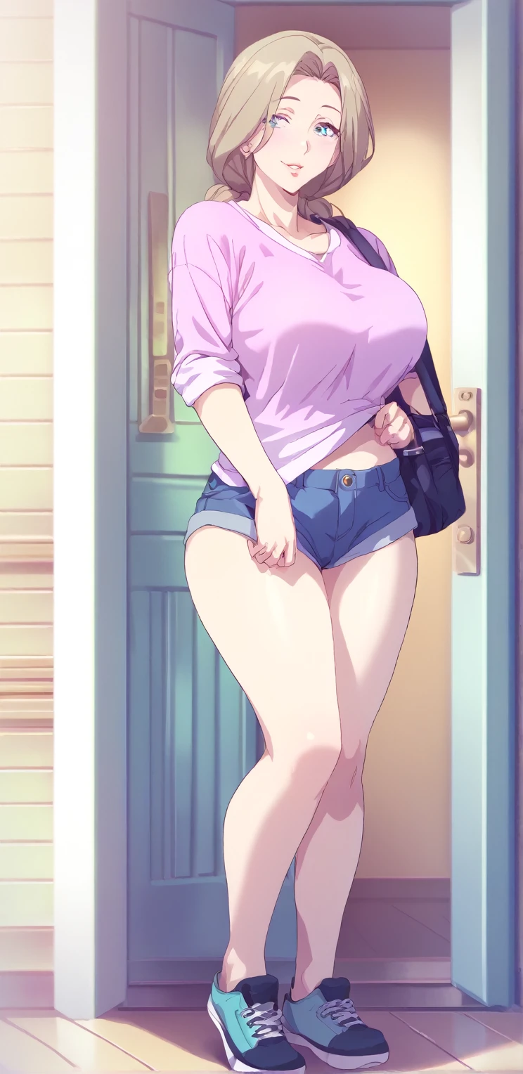 TendouNabiki, embarrassed, ,((blushing)),huge_breasts, standing, alone, water_pink_shirt_undershirt_Short_bermudas, full body, barefoot, masterpiece, Best quality, detailed face, detailed eyes, high resolution,