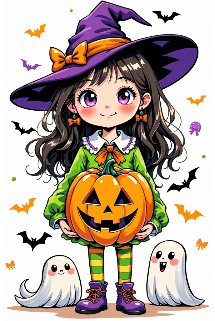 Cute girl with a jack-o-lantern ‌, ‌ ghosts and ‌ bats ‌, bold lines, happy, full frame cute doodle art, green and yellow, white background, stick figure.  youthful, cute, anthropomorphic, doodles, sharpie illustrations, bold lines