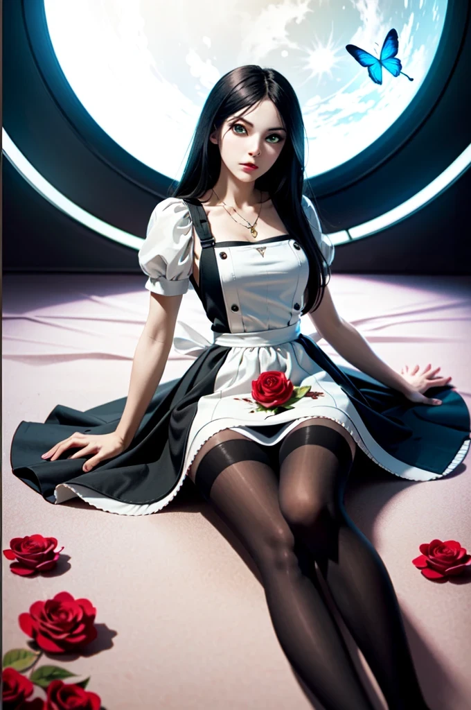 (masterpiece,  Best quality )
, 1 girl, One,  black hair , flower, dress, rose, Blood,  Long hair,  jewelry , apron белый, necklace,  green eyes , moon, red flower, red rose , 1 girl, One,  black hair , flower,  hair ornament , hair flower, pale skin, draw,  Long hair,  green eyes , dress, pomade, necklace,  jewelry , rose,  I look at the viewer, red lips ,masterpiece,  Best quality ,   cinematic lighting , American McGee's Alice. Alice: Madness Returns , 1 girl,  black hair , butterfly, striped,  Long hair, One, tights, striped tights, dress, Blood, apron, draw,masterpiece,  Best quality ,   cinematic lighting ,  black hair , beautiful slender legs, beautiful slim body ,sexy legs, Sexy Figure ,medium breasts,sexy boobs,разнообdifferent angles,разнооб different poses, different poses,different angles,красивая сексуальная alice madness returns,sit,stand,sexy looking at the camera,lie,skinny legs,thin body,thin figure.