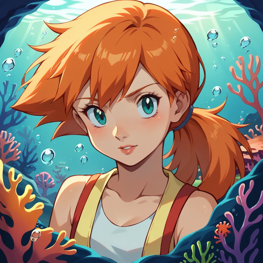 score_9, score_8_up, score_8, volumetric lighting,
Misty \(pokemon\), orange long hair, aqua eyes, 1girl, solo, looking at viewer, underwater, coral, dark, upper body,
