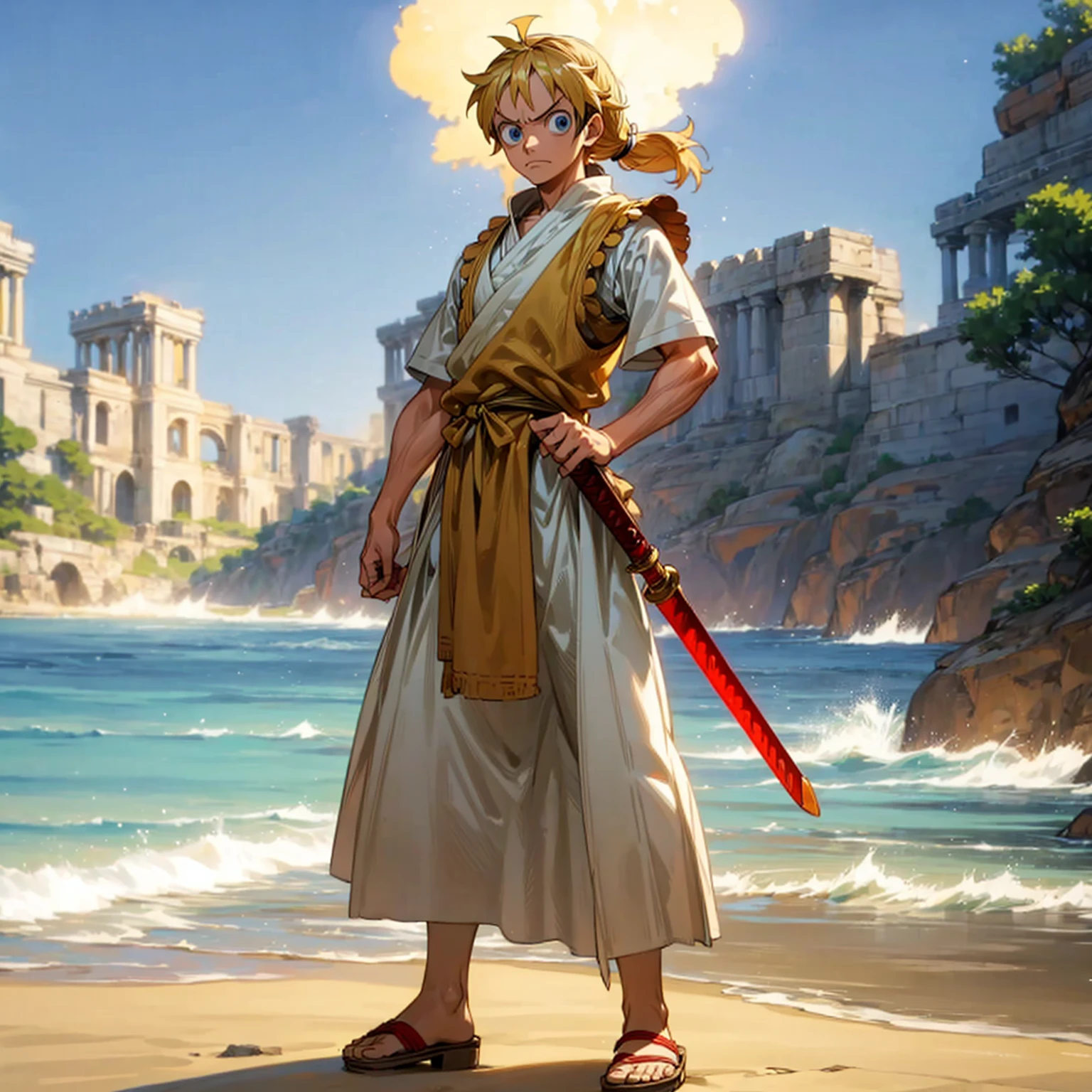 Solo character, straight man, muscle, Full body version, blue eyes, big eyes, Tan skin, long Shaggy hairstyle, blonde colour hair, ponytail, angry eyes, ancient Greek clothing, red colour clothing, ancient Greek sandals, sword in hand, armor vest, beach, island, outdoor, morning, standing gesture, detailed hair, detailed clothing, detailed background, (one piece style art, Doraemon style art)