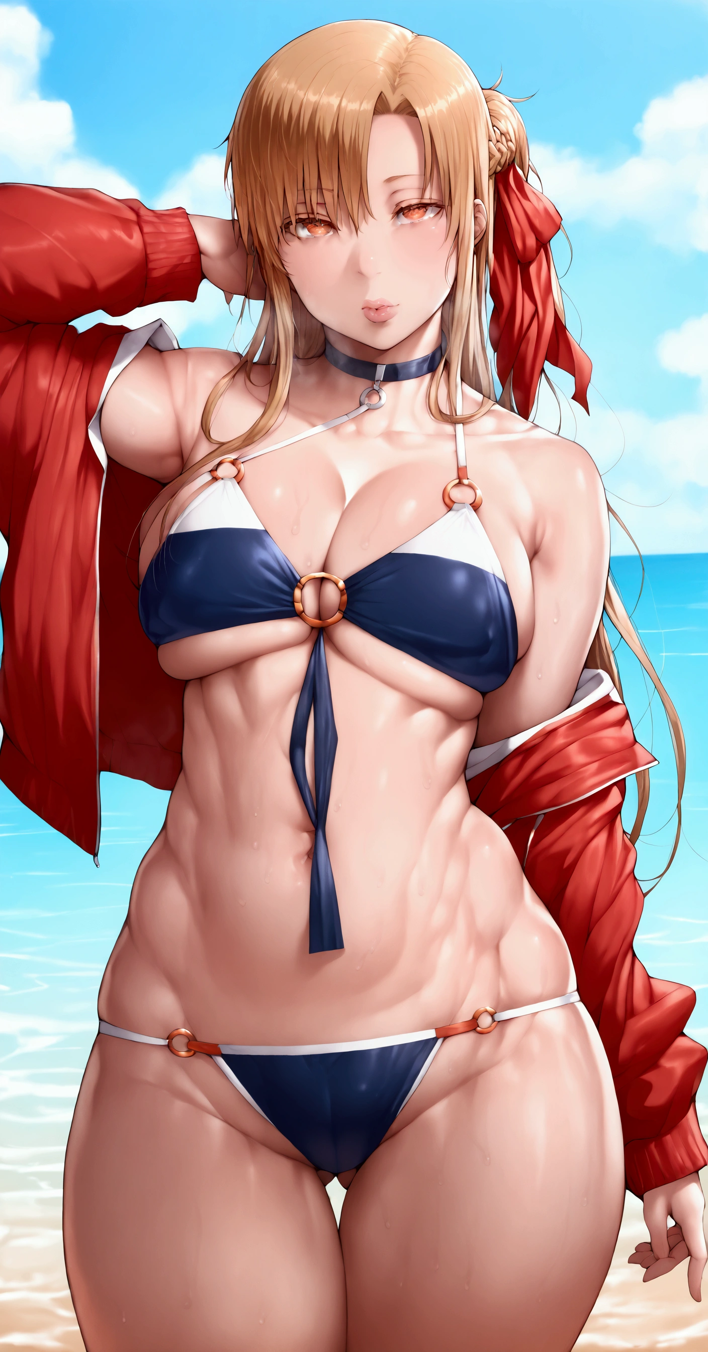 Asura style, ken-1, score_9, score_8_up, score_7_up, score_6_up, uncensored, asuna yuuki, orange hair, fold, braid, long hair, orange eyes, 1girl,swimsuit, jacket, red_jacket, breasts, bikini, navel, ass_visible_through_thighs, looking_at_viewer, o-ring, sky, choker, thigh_gap, outdoors, solo, cloud, day, collarbone, multi-strapped_bikini, black_bikini, bare_shoulders, open_jacket, open_clothes, off_shoulder, cowboy_shot, black_choker, blue_sky, ocean, cleavage, skindentation, lips, medium_breasts, water, stomach, beach, track_jacket, steaming face, steaming, 