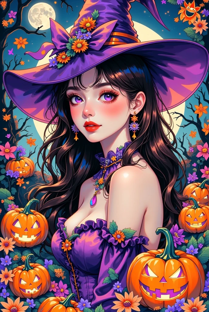 High quality design vector style image, T-shirt print style ,  Halloween art style graphic art on white background,  brightly colored and realistic ,  style sexy witch ,wearing a pointed hat,  fantasy style landscape Halloween 