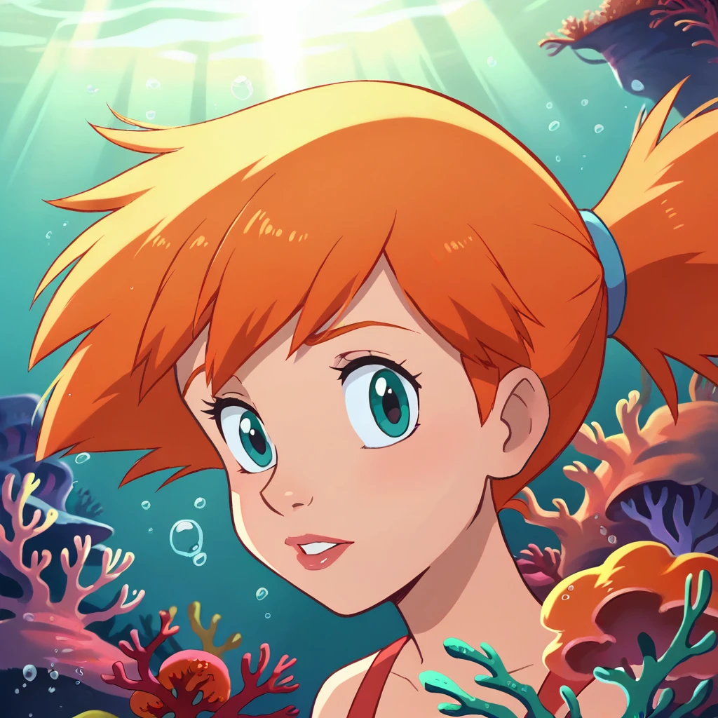 score_9, score_8_up, score_8, volumetric lighting,
Misty \(pokemon\), orange long hair, long hair, aqua eyes, 1girl, solo, looking at viewer, underwater, coral, dark, upper body,
