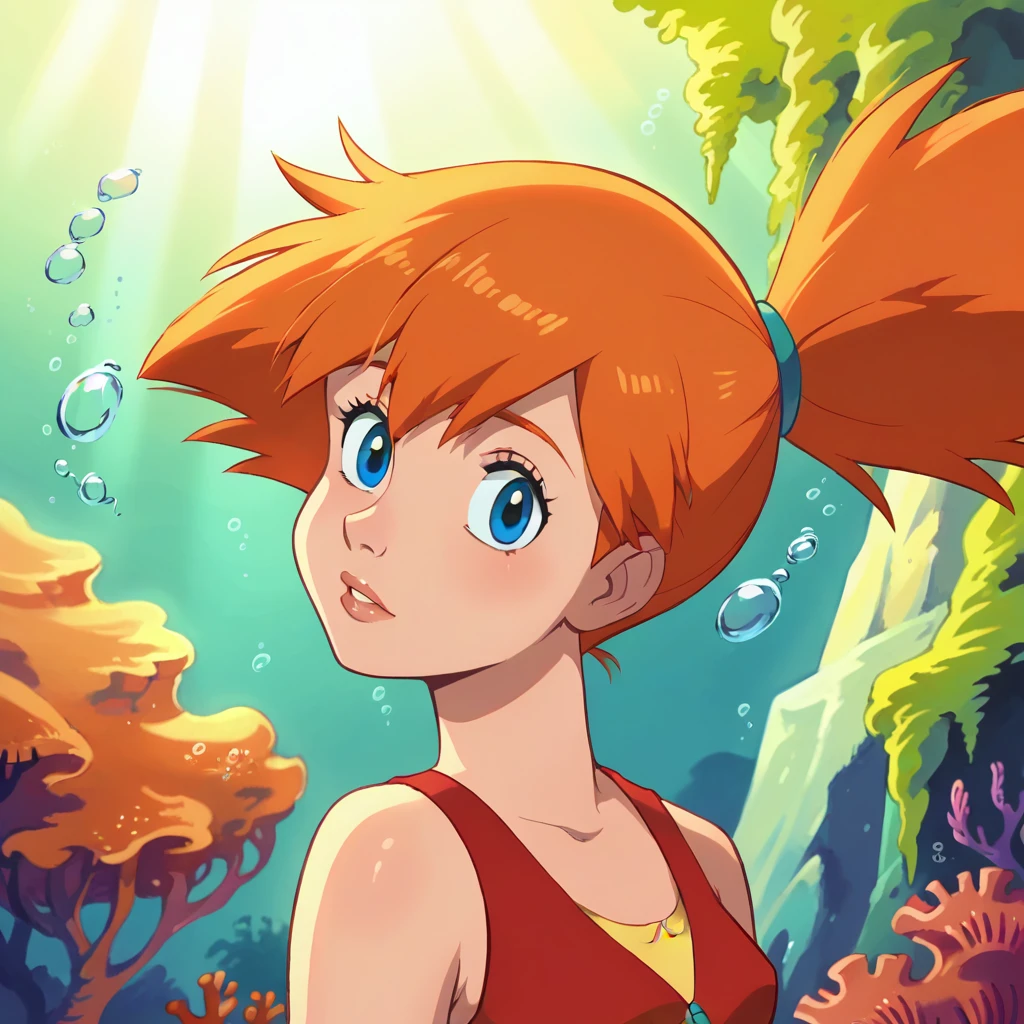 score_9, score_8_up, score_8, volumetric lighting,
Misty \(pokemon\), orange long hair, long hair, aqua eyes, 1girl, solo, looking at viewer, underwater, coral, dark, upper body,
