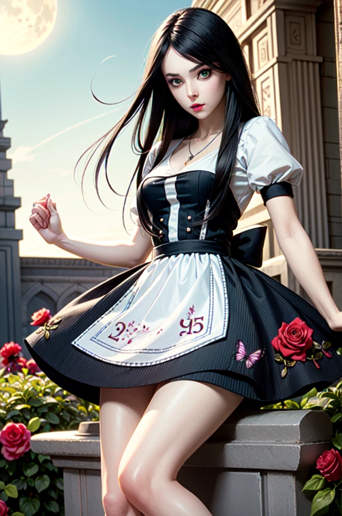 (masterpiece,  Best quality )
, 1 girl, One,  black hair , flower, dress, rose, Blood,  Long hair,  jewelry , apron белый, necklace,  green eyes , moon, red flower, red rose , 1 girl, One,  black hair , flower,  hair ornament , hair flower, pale skin, draw,  Long hair,  green eyes , dress, pomade, necklace,  jewelry , rose,  I look at the viewer, red lips ,masterpiece,  Best quality ,   cinematic lighting , American McGee's Alice. Alice: Madness Returns , 1 girl,  black hair , butterfly, striped,  Long hair, One, tights, striped tights, dress, Blood, apron, draw,masterpiece,  Best quality ,   cinematic lighting ,  black hair , beautiful slender legs, beautiful slim body ,sexy legs, Sexy Figure ,medium breasts,sexy boobs,разнообdifferent angles,разнооб different poses, different poses,different angles,красивая сексуальная alice madness returns,sit,stand,sexy looking at the camera,lie,skinny legs,thin body,thin figure.