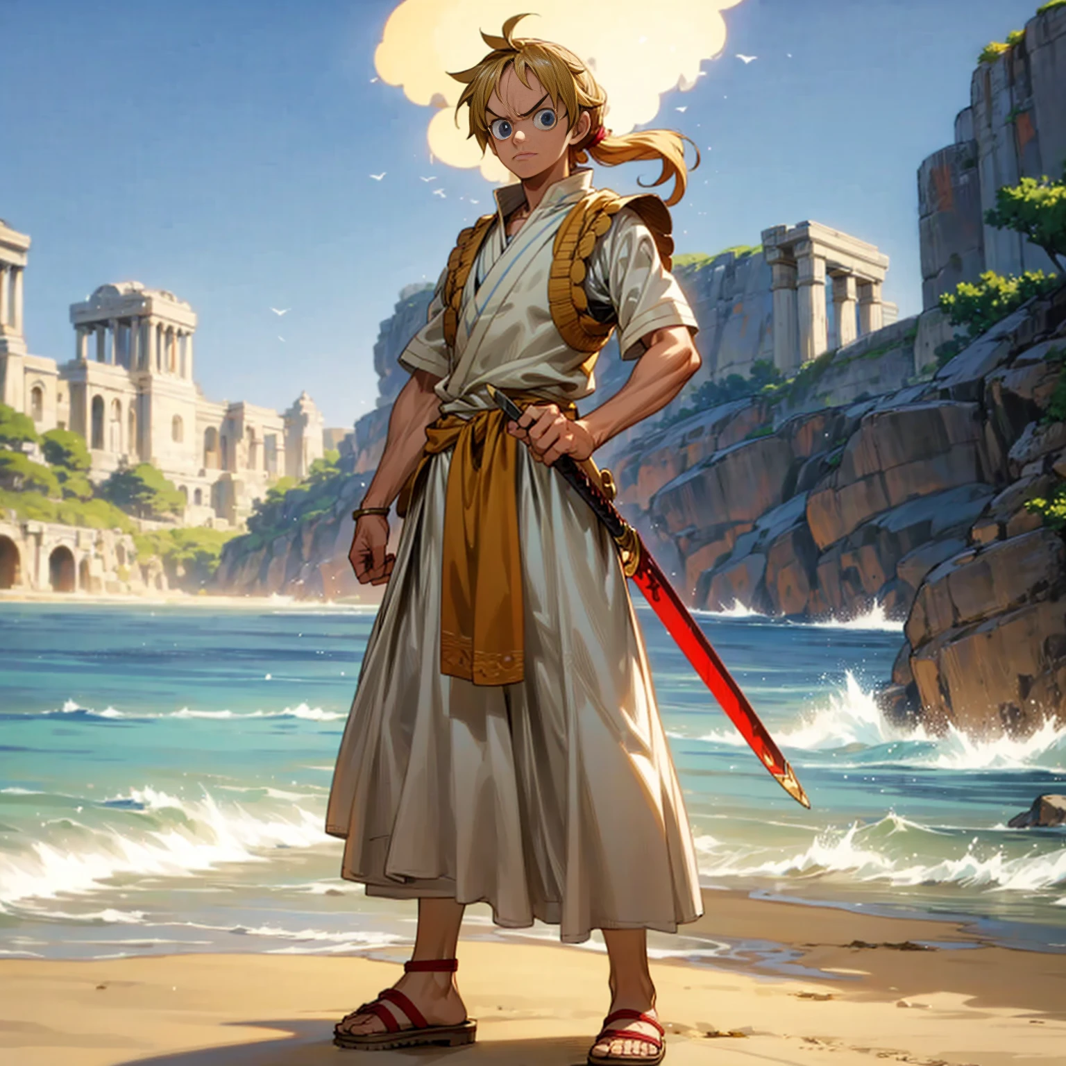 Solo character, straight man, muscle, Full body version, blue eyes, big eyes, Tan skin, long Shaggy hairstyle, blonde colour hair, ponytail, angry eyes, ancient Greek clothing, red colour clothing, ancient Greek sandals, sword in hand, armor vest, beach, island, outdoor, morning, standing gesture, detailed hair, detailed clothing, detailed background, (one piece style art, Doraemon style art)