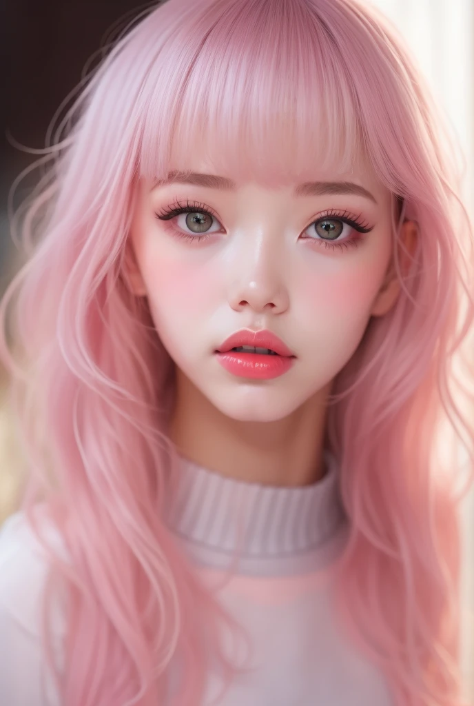 ( Details) , Hyper details, Realistic portraits, perfect face.One  girl, Front view,blue eyes with crisp double eyelids and long eyelashes, Realistic Face, Details skin, extremely detailedlips, Big Mouth, full, ふっくらとした, shiny pale pink lips, Natural Makeup, Clear Lip Gloss, Long pink hair, Cover your forehead with bangs , She's wearing a light blue cropped sweater with sheer lace trim, White high-waisted pleated skirt , Indoor Settings, white backdrop room , Warm natural light shining through the window , Soft Shadows, Cozy and relaxed vibe .