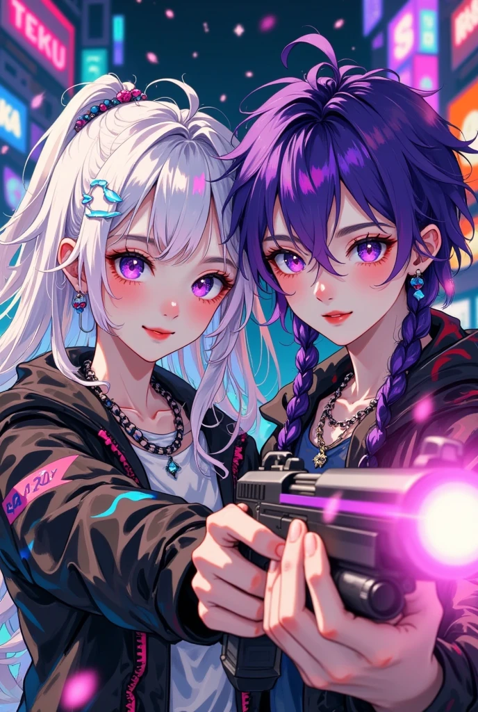 Vector illustration，, a young couple ， Purple Eyes ，girl， Purple Eyes ， white hair, purple hair, long braids 。 Holding the gun with both hands，Target,   anime style， with strong lighting and shadows ,  with fluorescent colors , Neon tones .  cyberpunk characters, 32K, 