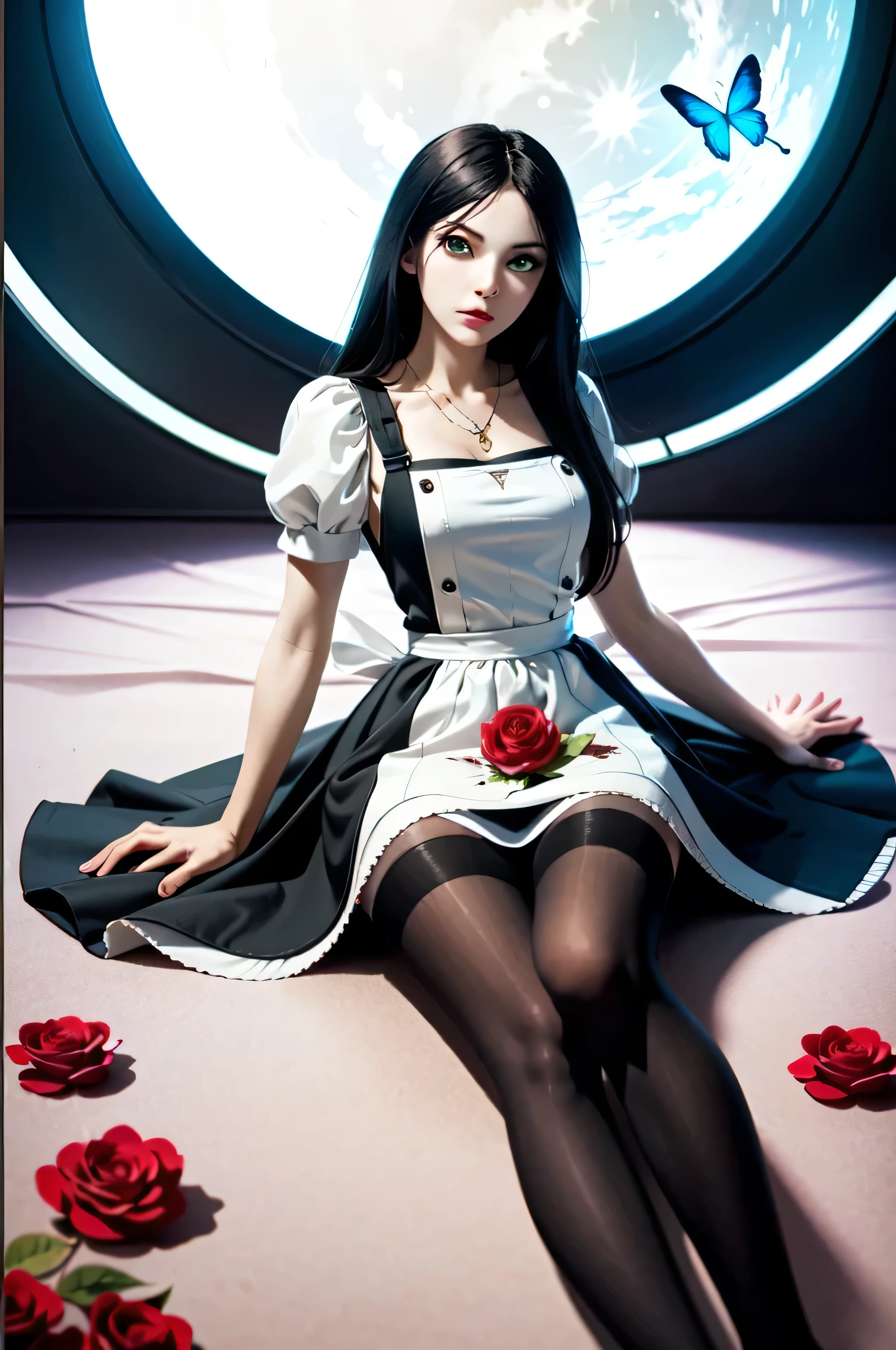 (masterpiece,  Best quality )
, 1 girl, One,  black hair , flower, dress, rose, Blood,  Long hair,  jewelry , apron белый, necklace,  green eyes , moon, red flower, red rose , 1 girl, One,  black hair , flower,  hair ornament , hair flower, pale skin, draw,  Long hair,  green eyes , dress, pomade, necklace,  jewelry , rose,  I look at the viewer, red lips ,masterpiece,  Best quality ,   cinematic lighting , American McGee's Alice. Alice: Madness Returns , 1 girl,  black hair , butterfly, striped,  Long hair, One, tights, striped tights, dress, Blood, apron, draw,masterpiece,  Best quality ,   cinematic lighting ,  black hair , beautiful slender legs, beautiful slim body ,sexy legs, Sexy Figure ,medium breasts,sexy boobs,разнообdifferent angles,разнооб different poses, different poses,different angles,красивая сексуальная alice madness returns,sit,stand,sexy looking at the camera,lie,skinny legs,thin body,thin figure.