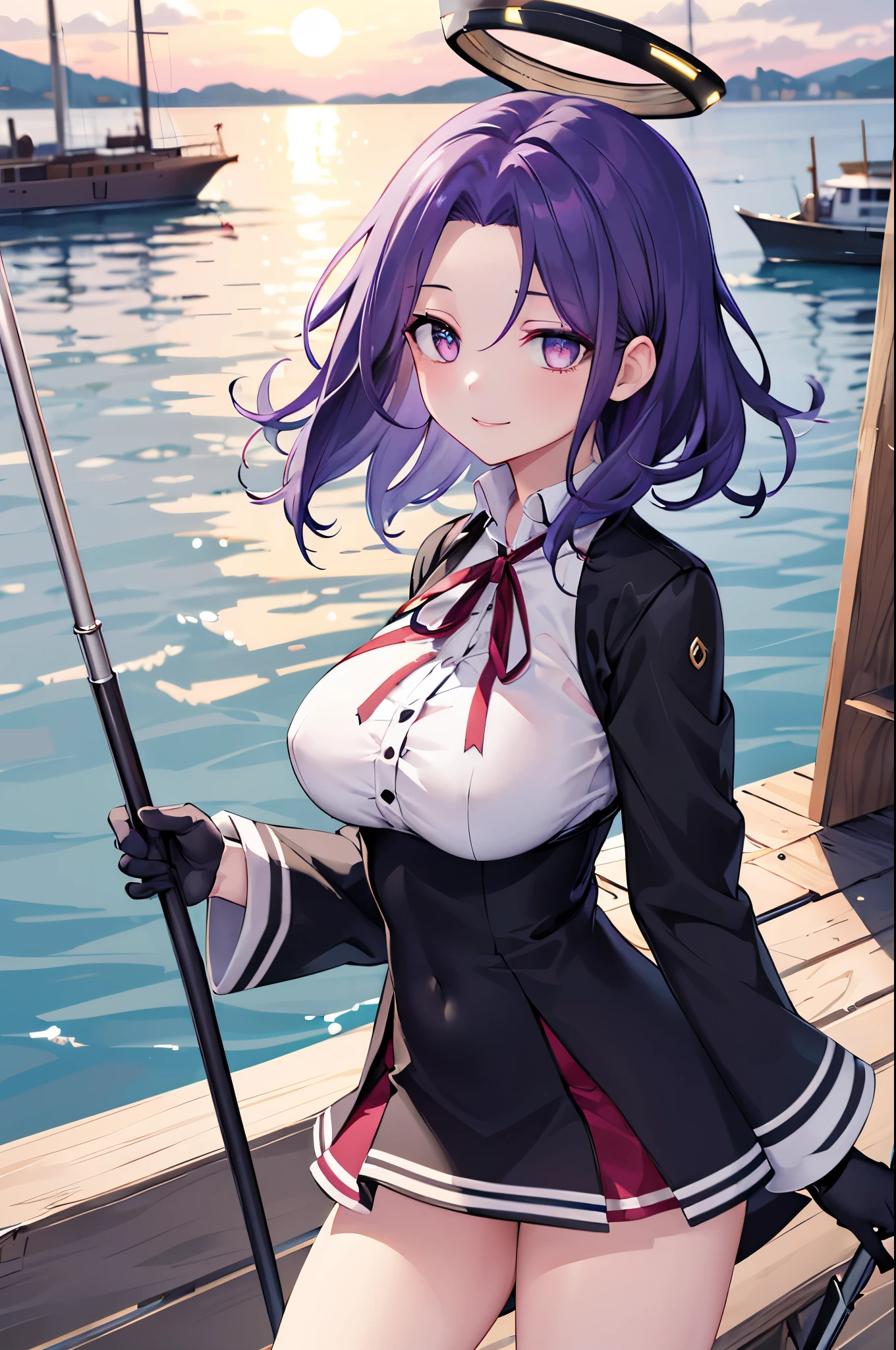 masterpiece, best quality, highres, mechanical halo, (big_breasts:1.2), black dress, neck ribbon, long sleeves, black gloves, outdoors, cowboy shot, standing, holding weapon, polearm,smile,,harbor_town_landscape,purple_halfeyes,(scornful eyes:1.4)