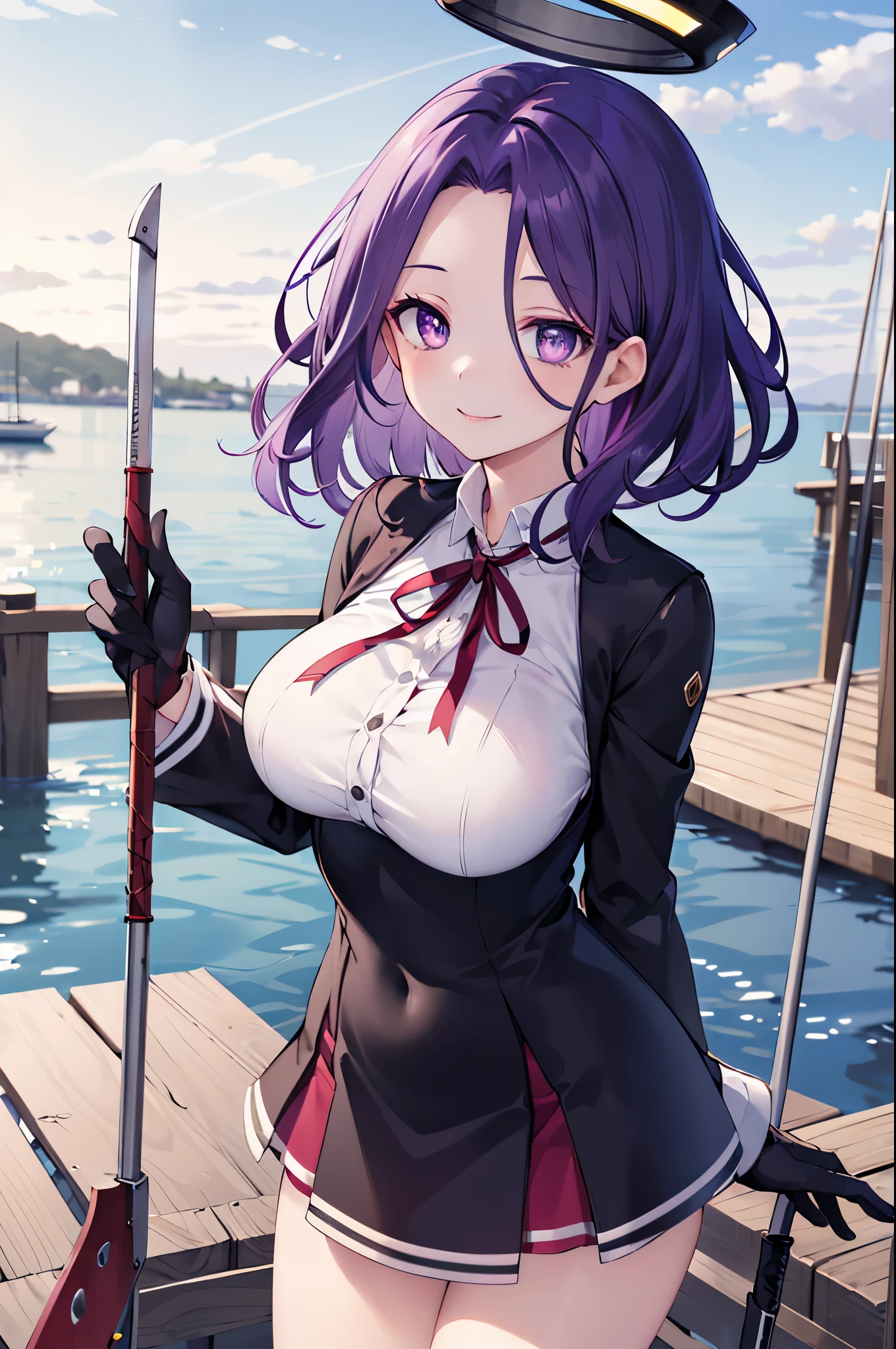 masterpiece, best quality, highres, mechanical halo, (big_breasts:1.2), black dress, neck ribbon, long sleeves, black gloves, outdoors, cowboy shot, standing, holding weapon, polearm,smile,,harbor_town_landscape,purple_halfeyes,(scornful eyes:1.4)