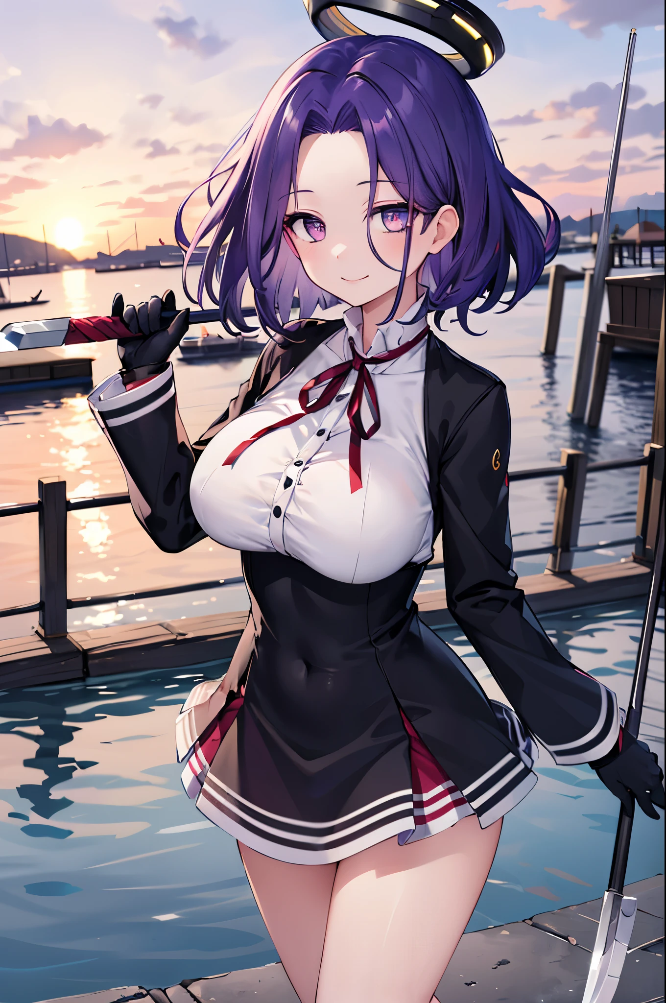 masterpiece, best quality, highres, mechanical halo, (big_breasts:1.2), black dress, neck ribbon, long sleeves, black gloves, outdoors, cowboy shot, standing, holding weapon, polearm,smile,,harbor_town_landscape,purple_halfeyes,(scornful eyes:1.4)