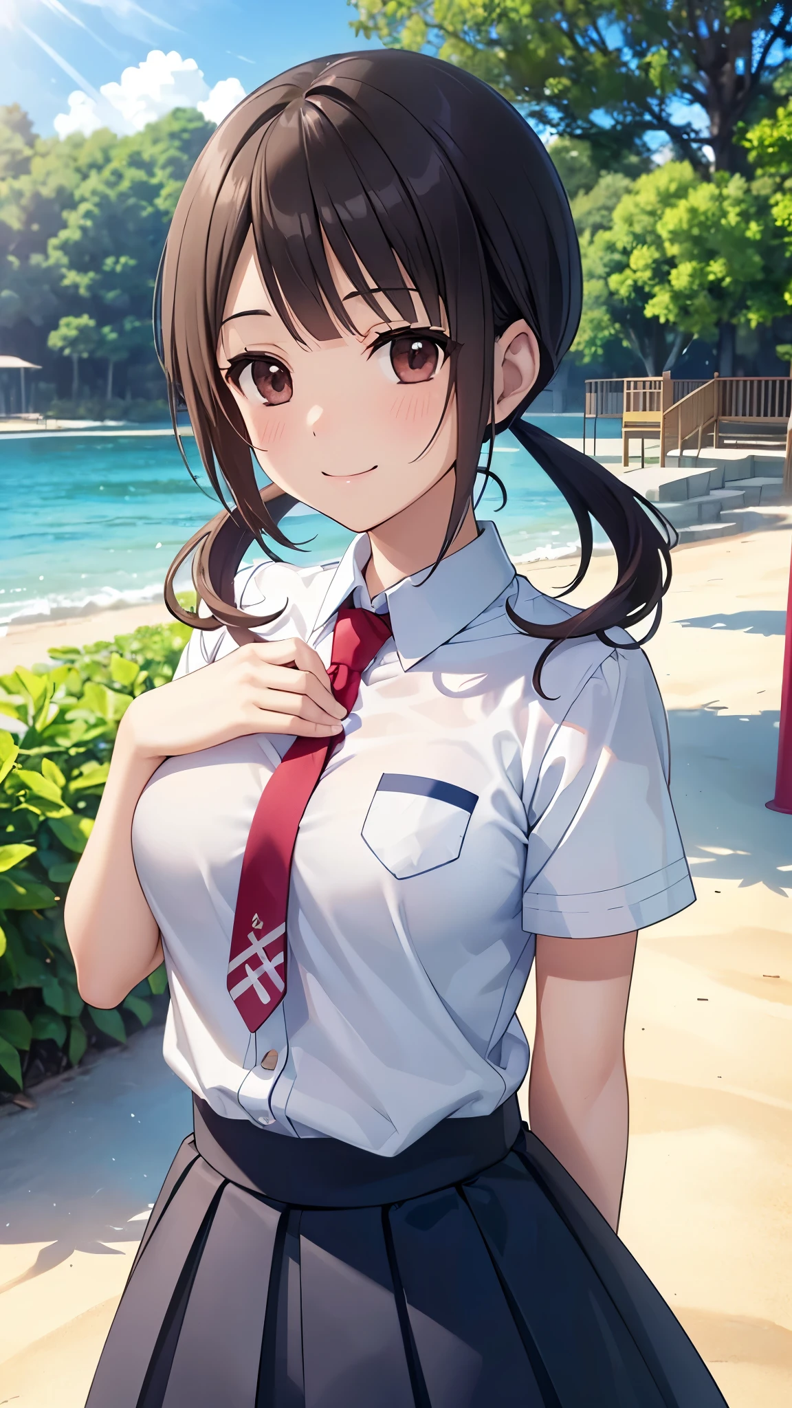 Sun shower,(16k, ultra high resolution,Best Quality,masterpiece, very detailed on playground equipment,Extremely clear CG),okitasawa, low twintails,white shirt, short sleeves, red necktie, blue skirt, anatomically correct body, very detailed on playground equipment顔の特徴, Beautiful and perfect face:, ((Open your mouth and say happy smile:1.3)),Japanese evening summer ,,coastal,Walking on the beach,((upper body Shot:1.3)), looking at the camera , front angle where you reach your hands narrowly,Place your right hand on your chest,Sun shower