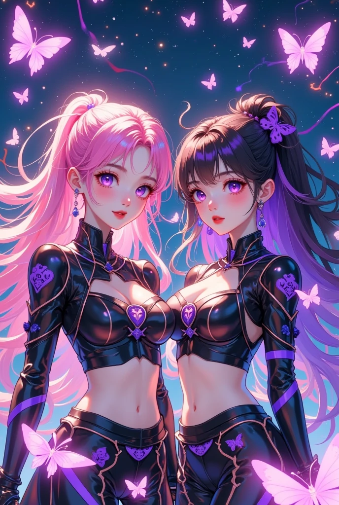  girl hair pink with black eyes pink and friend girl hair black with purple ,   butterfly purple particles  ,  ,  futuristic costume ,  cropped top below , Match icon ,  atmosphere with stars HD  
